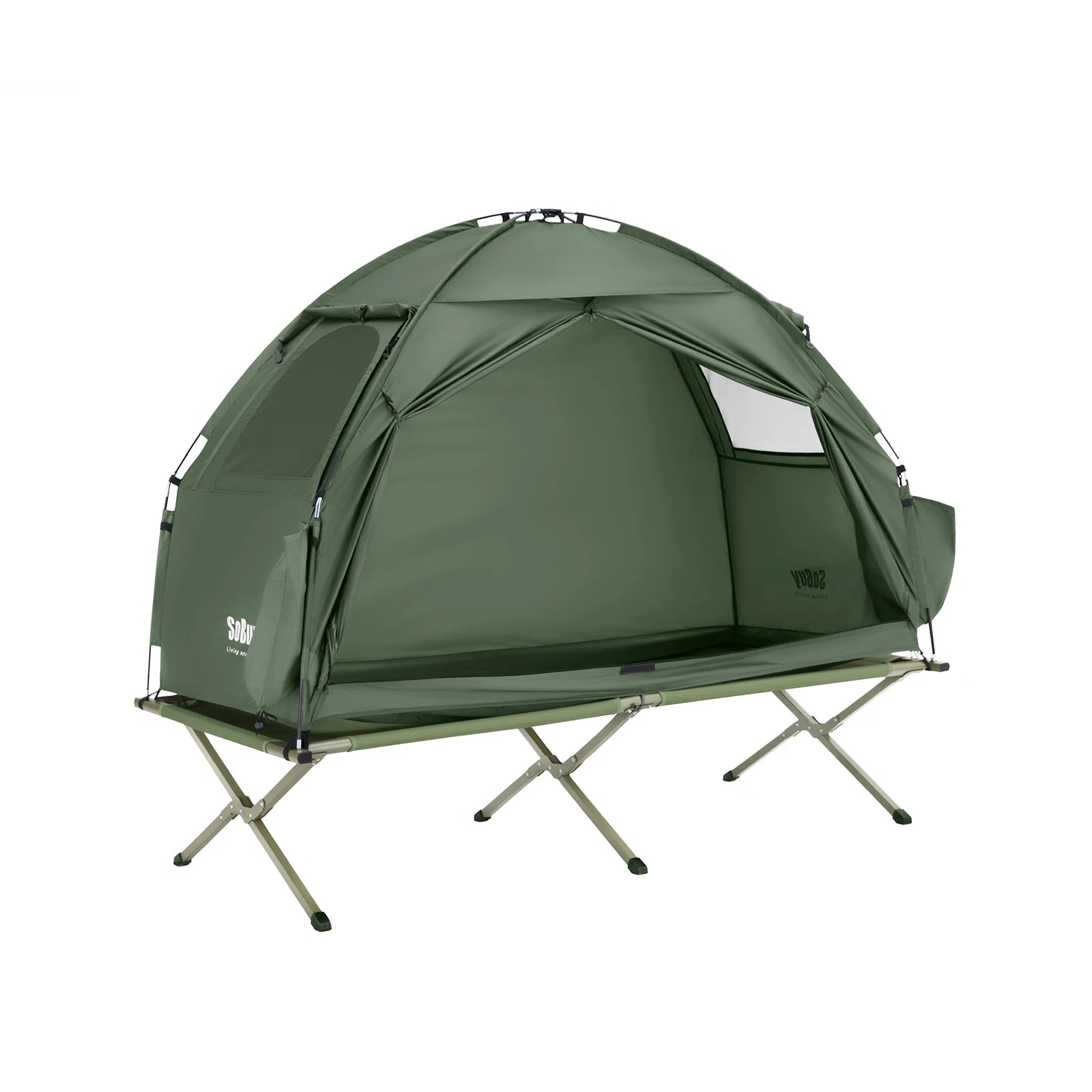 3-in-1 Eenpersoons Campingtent Groen – Lichtgewicht Outdoor Tent met Muskietennet & Opklapbaar Campingbed