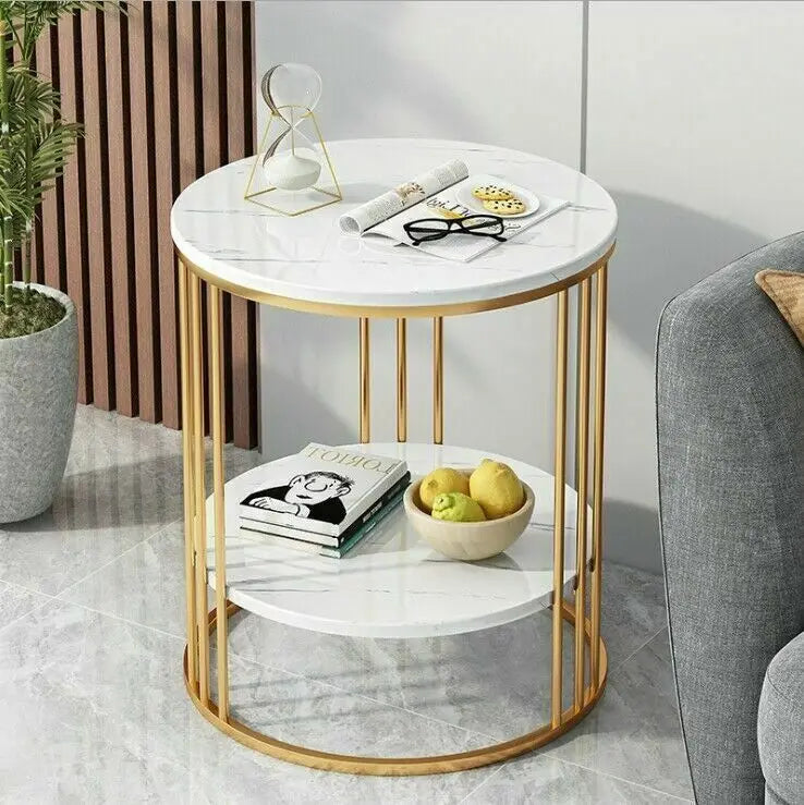 2-Laags Ronde Bijzettafel met Marmerlook – Moderne Salontafel & Nachtkastje met Opbergruimte – Wit Design