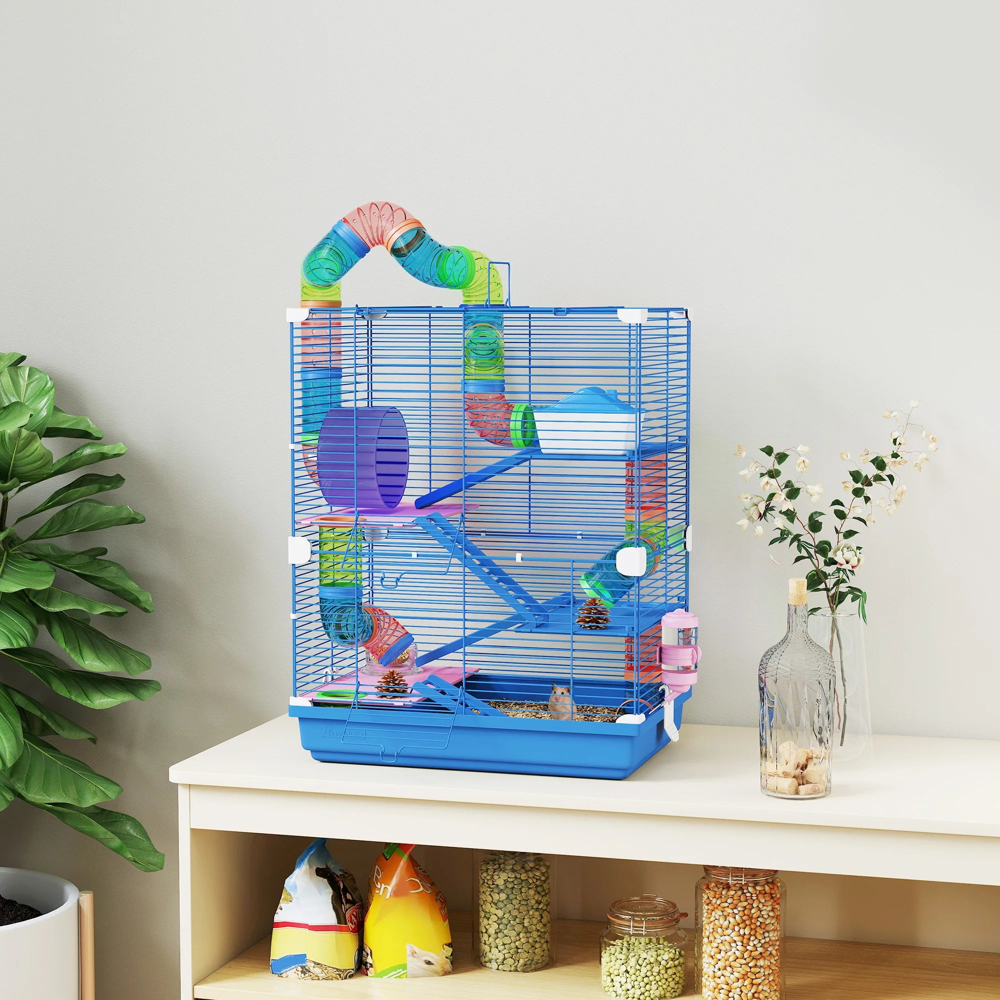 Luxe Hamsterkooi met Tunnel en Drinkbak – 5-Laags Knaagdierverblijf – 46x30x58 cm – Antraciet/Blauw