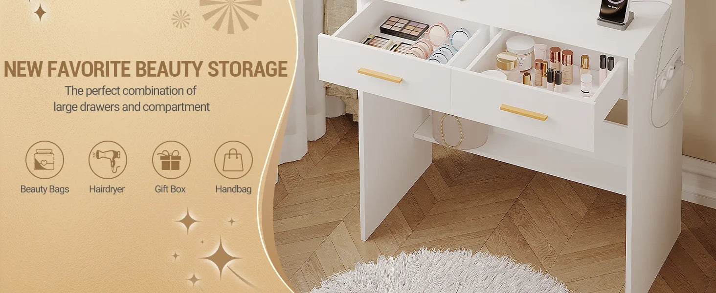 Kaptafel met LED Verlichting en Spiegel – Stopcontact & USB – 2 Lades en Opbergruimte – Moderne Witte Make-up Tafel