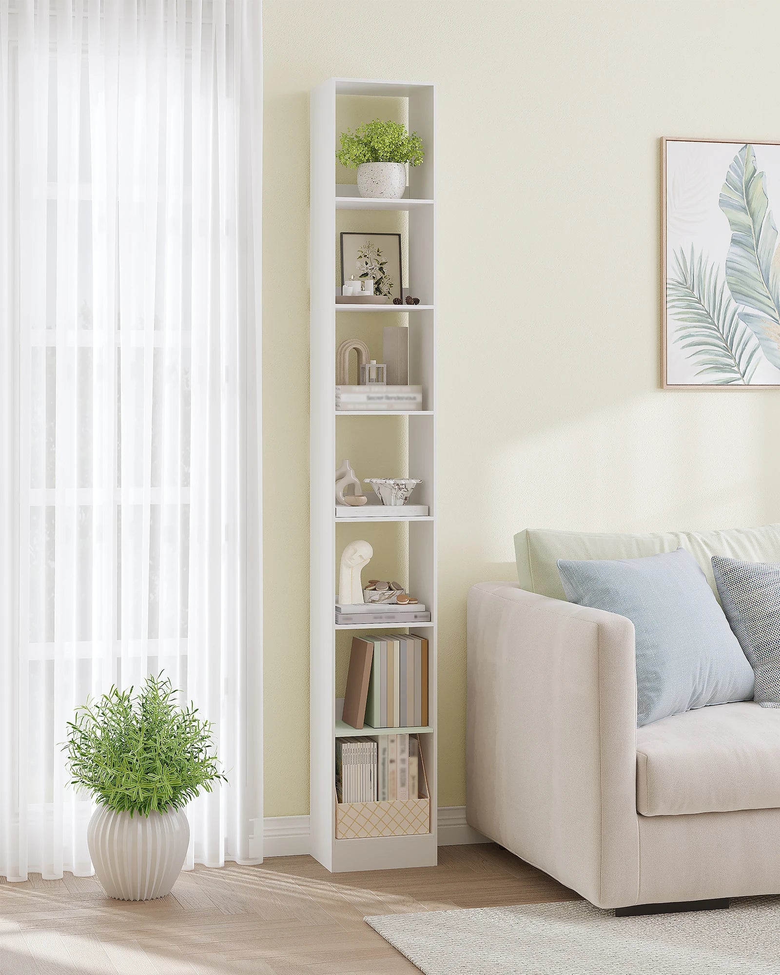 7-Laagse Boekenkast Smal – Moderne Open Kast met Verstelbare Planken – Houten Opbergkast voor Woonkamer, Slaapkamer en Kantoor