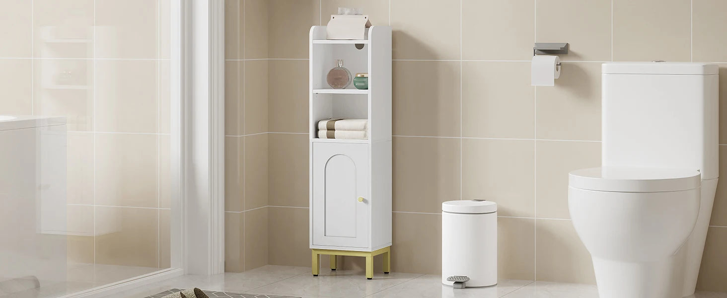 Smalle Badkamerkast met Deur en Verstelbare Planken – Ruimtebesparende Toiletkast – Moderne Badkamer Opbergkast Wit/Zwart