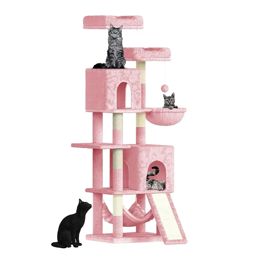 Katten Krabpaal 158 cm – Grote Kattenboom met 2 Huisjes, 2 Hangmatten & 7 Sisal Krabpalen – Luxe Klimtoren voor Binnenkatten