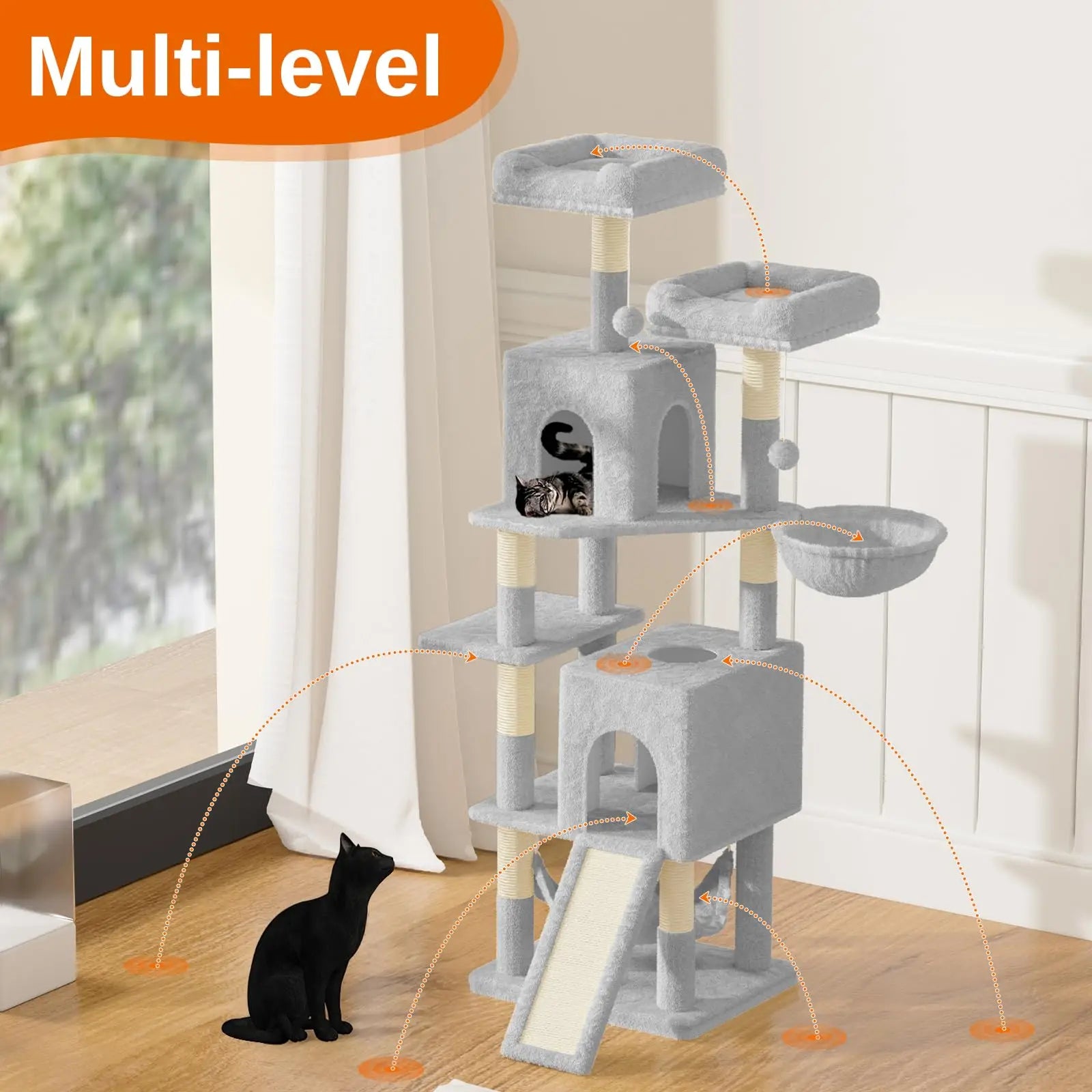 Katten Krabpaal 158 cm – Grote Kattenboom met 2 Huisjes, 2 Hangmatten & 7 Sisal Krabpalen – Luxe Klimtoren voor Binnenkatten