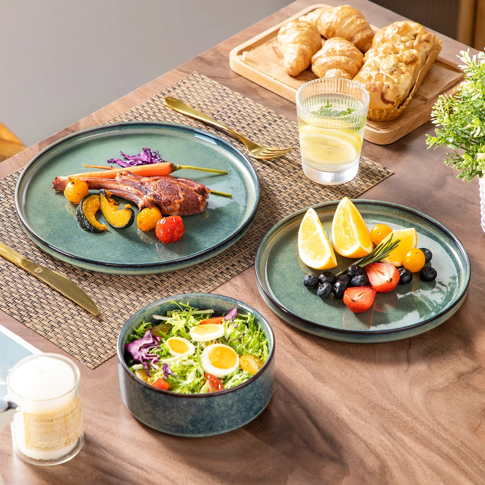 Serviesset Zwart Groen – 12/24/36-Delige Keramische Diner Set met Borden en Kommen – Modern & Luxe Servies