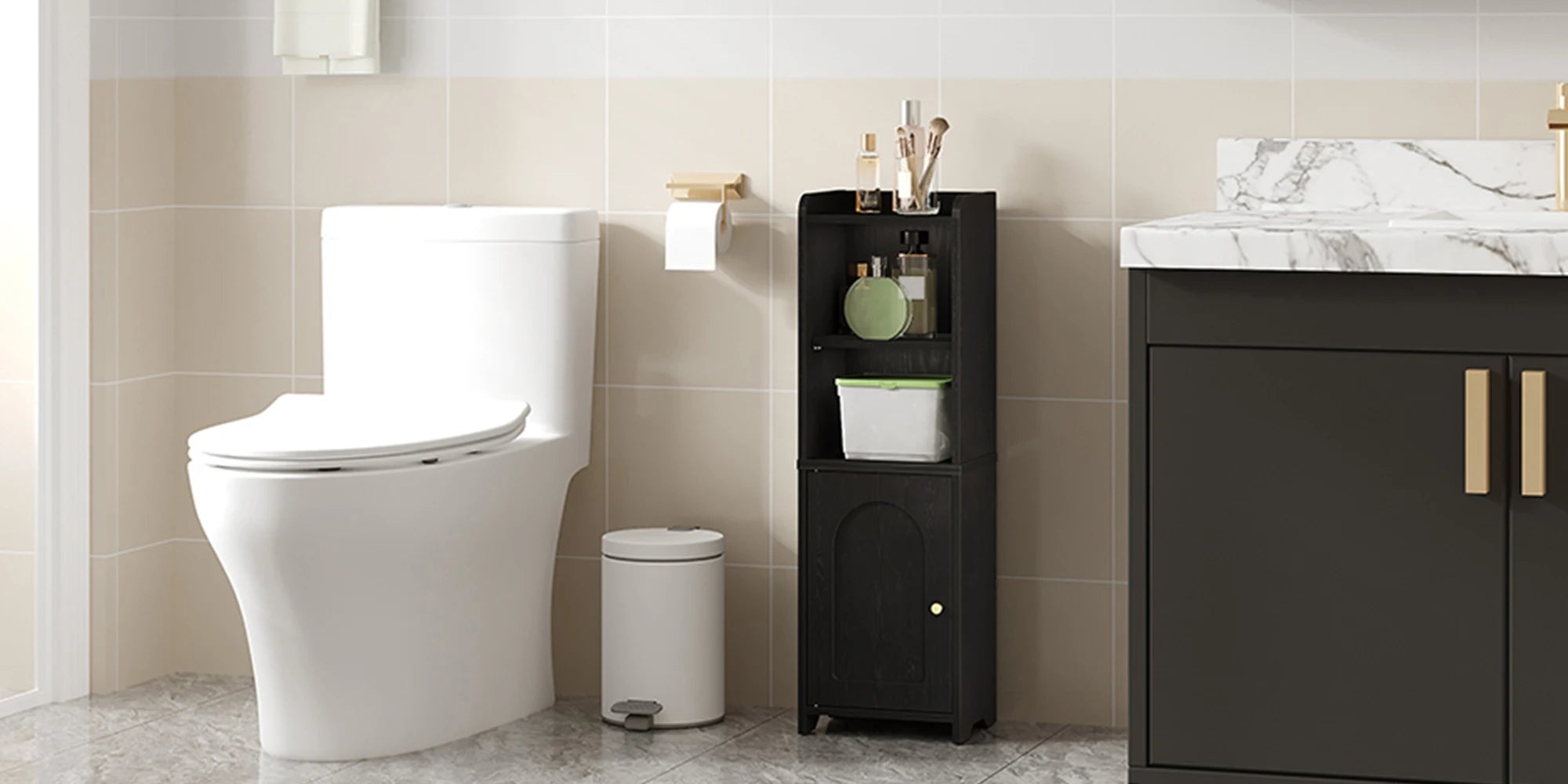 Smalle Badkamerkast met Deuren en Verstelbare Planken – Ruimtebesparende Toiletkast voor Opbergruimte