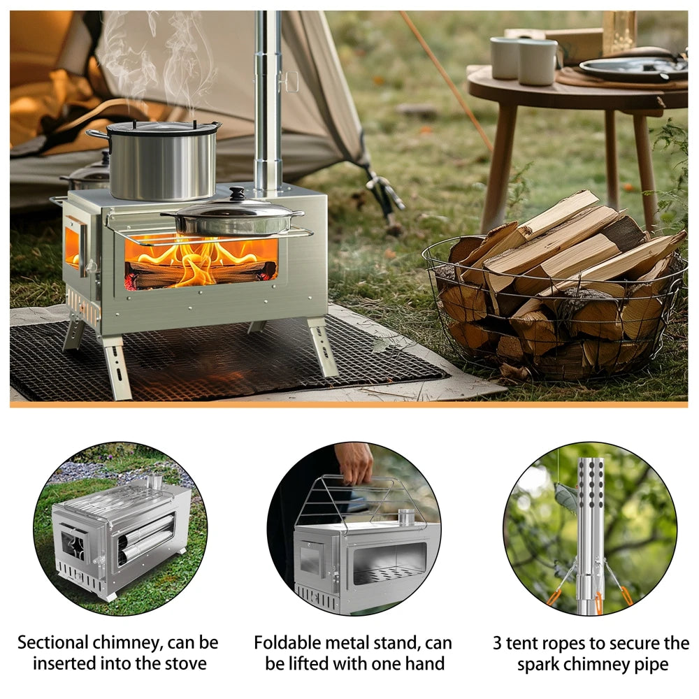 Draagbare RVS Camping Houtkachel met Schoorsteen – Tentkachel voor Kamperen, Backpacken & Outdoor Koken