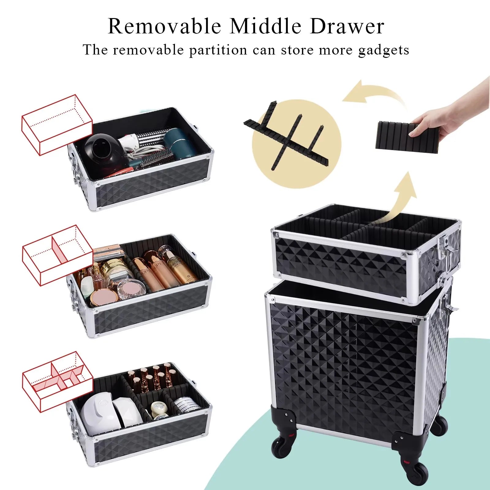 Rollende Make-up Koffer 3-in-1 – Professionele Cosmetica Trolley met Wieltjes, Slot en Afneembare Koffer – Beauty Organizer voor Salon en Reizen