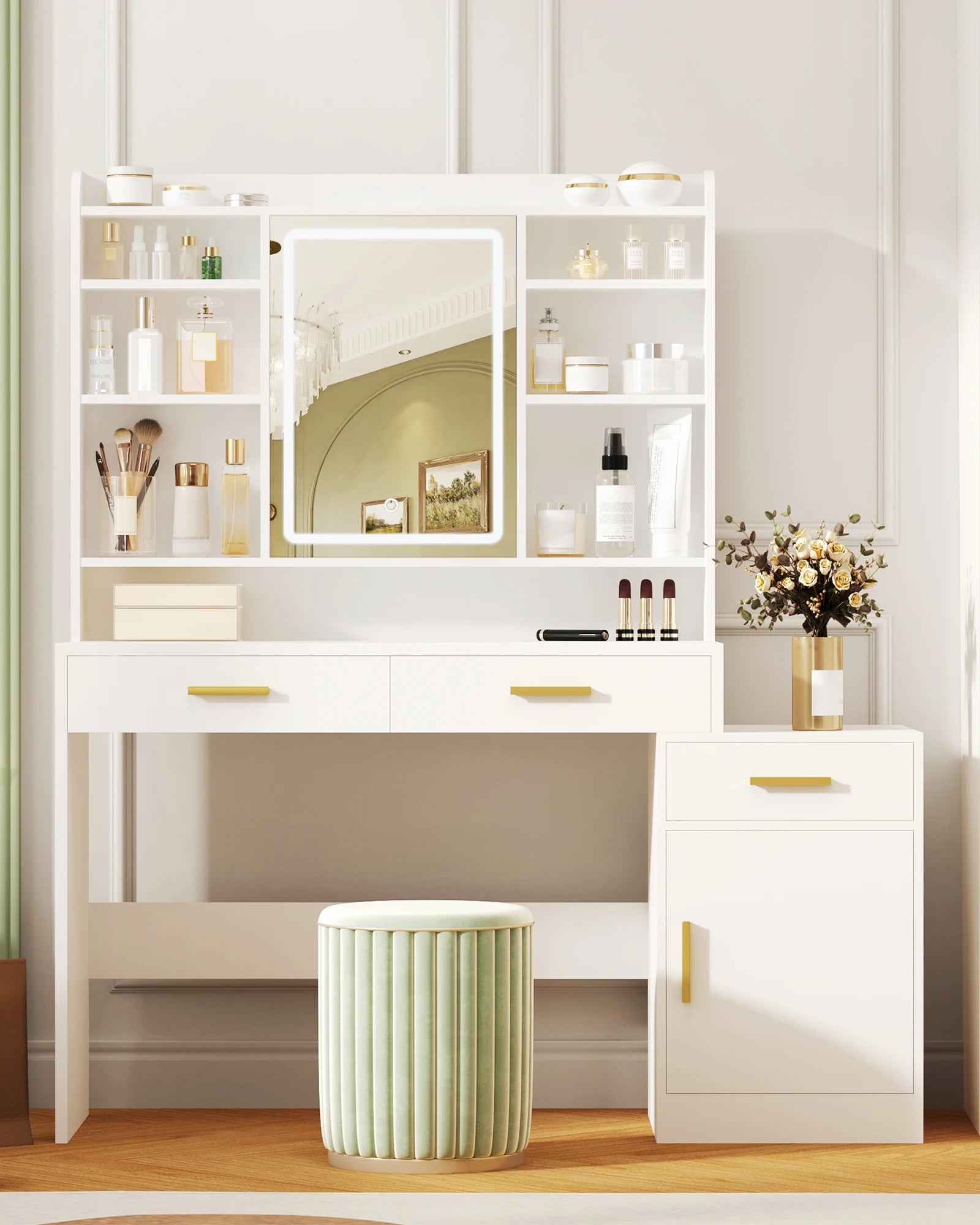 Kaptafel met LED Spiegel en Opbergruimte – Moderne Make-up Tafel met 3 Laden, Kast en Schappen – Witte Dressing Table voor Slaapkamer