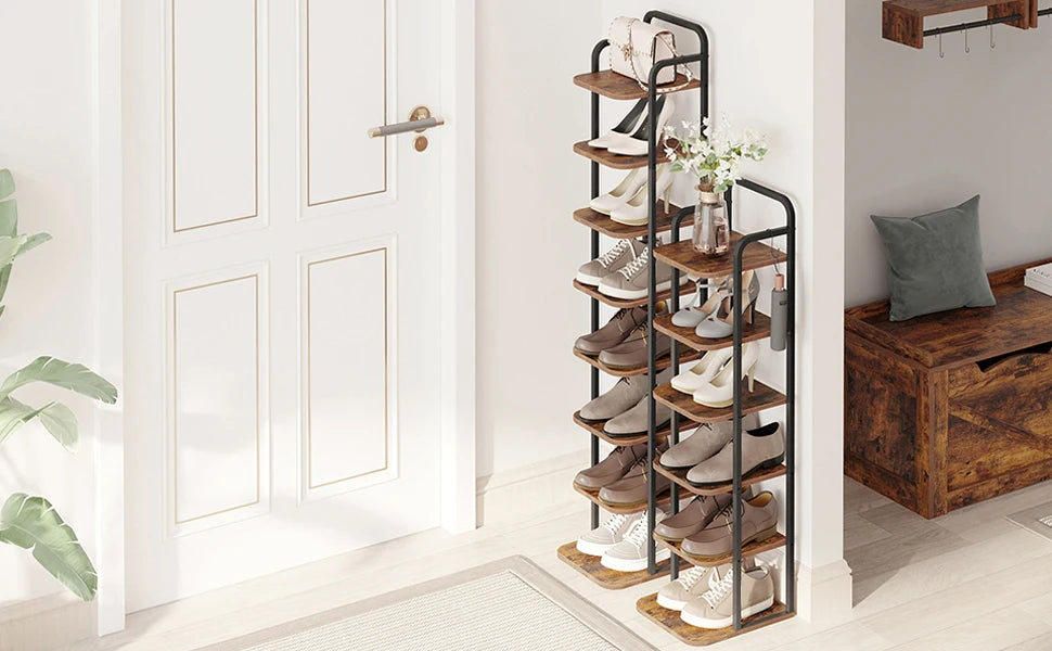 Smalle Schoenenrek 6 Laags – Verticale Schoenenkast voor Kleine Ruimtes – Houten Schoenen Organizer met Haken – Industrieel Design