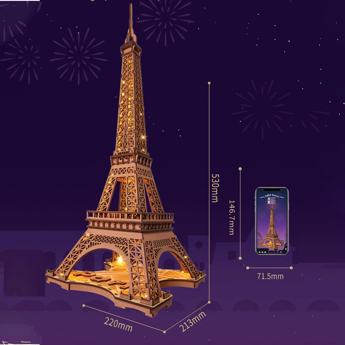 3D Houten Puzzel Eiffeltoren met LED Licht – DIY Modelbouw Kit voor Volwassenen en Kinderen – Creatief Knutselpakket 22x21x49 cm