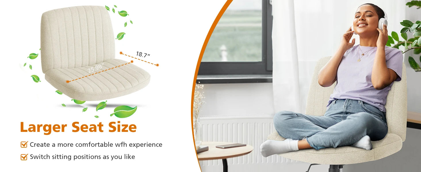 Brede verstelbare armloze draaistoel voor kantoor, woonkamer, gaming & bureau – comfortabele stof – 360° swivel
