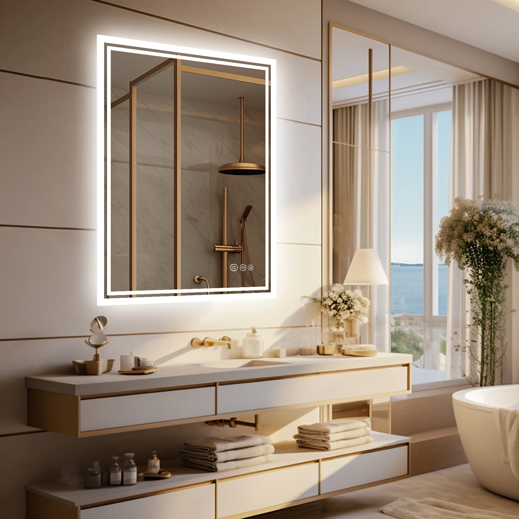 LED Badkamerspiegel met Verlichting – Dimbaar, Anti-Condens, Touch Bediening, IP65 Waterbestendig, Warm & Koel Licht
