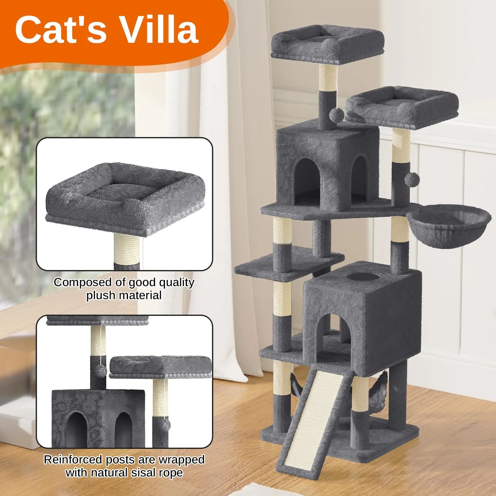 Katten Krabpaal 158 cm – Grote Kattenboom met 2 Huisjes, 2 Hangmatten & 7 Sisal Krabpalen – Luxe Klimtoren voor Binnenkatten
