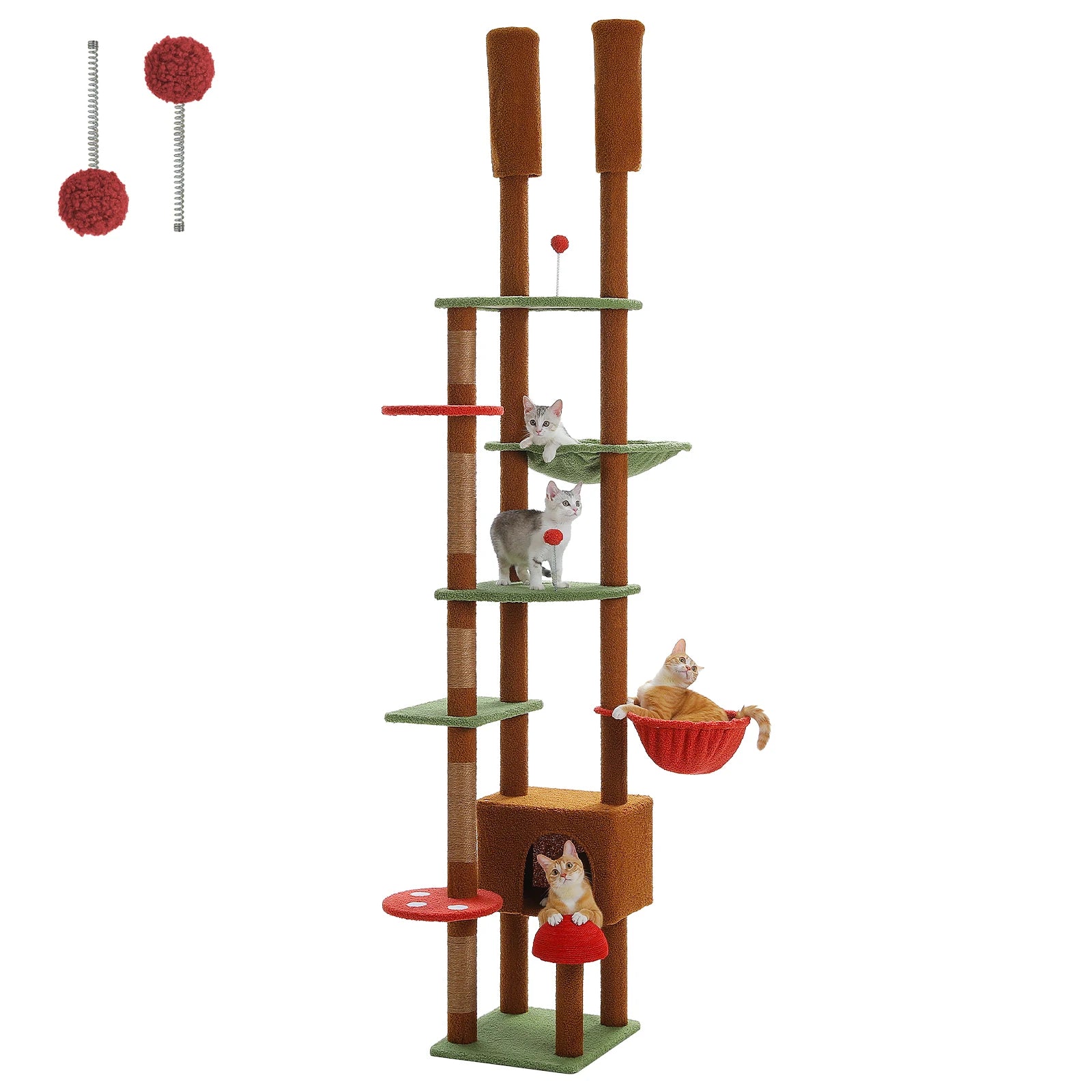 Verstelbare Houten Krabpaal tot Plafond met Hangmat en Kattenhuis – Grote Kattenboom met Sisal Krabpalen en 7 Niveaus – Luxe Katten Klimtoren voor Binnen