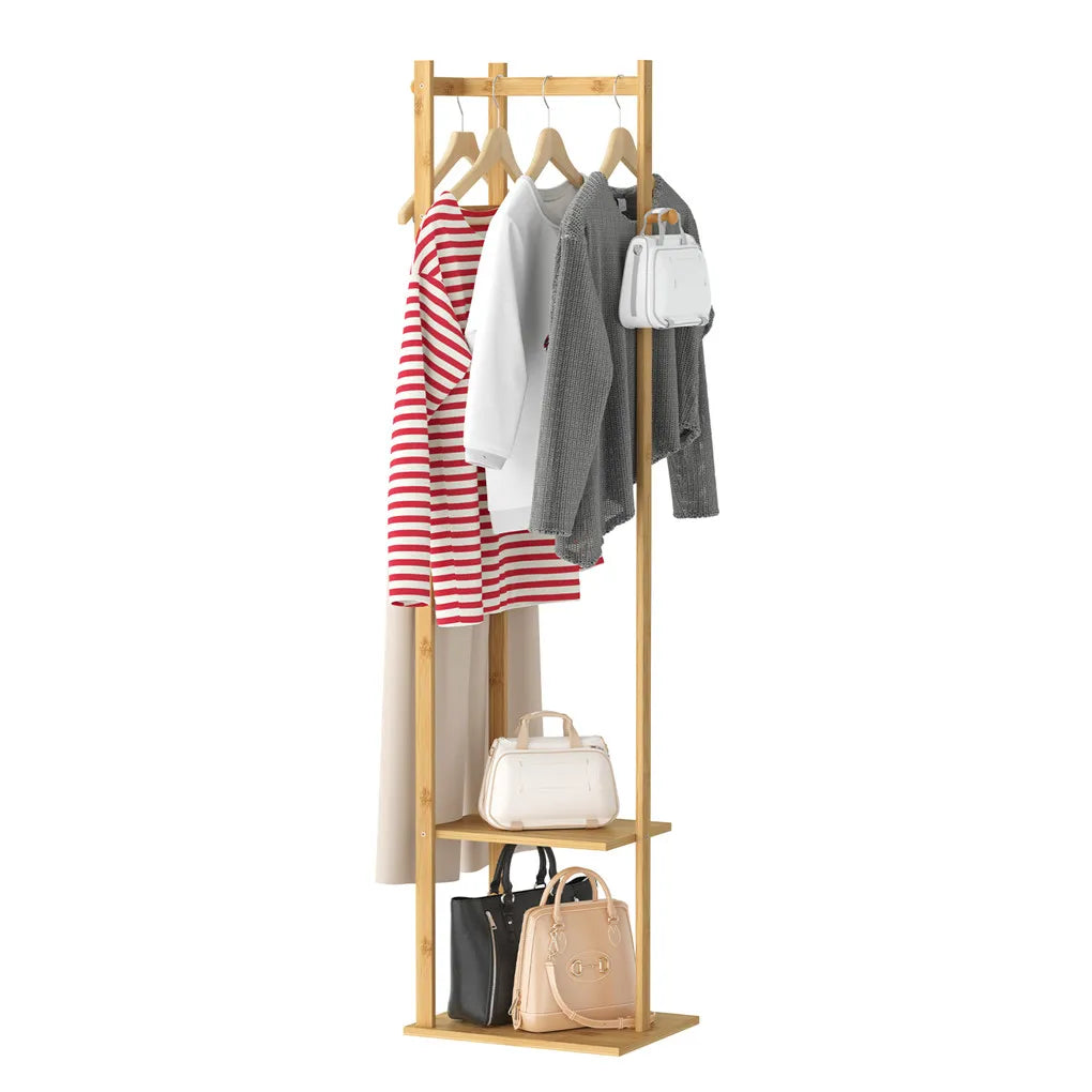 Bamboe Kledingrek met Planken en Haken – Vrijstaand Houten Kledingrek voor Hal, Slaapkamer en Woonkamer