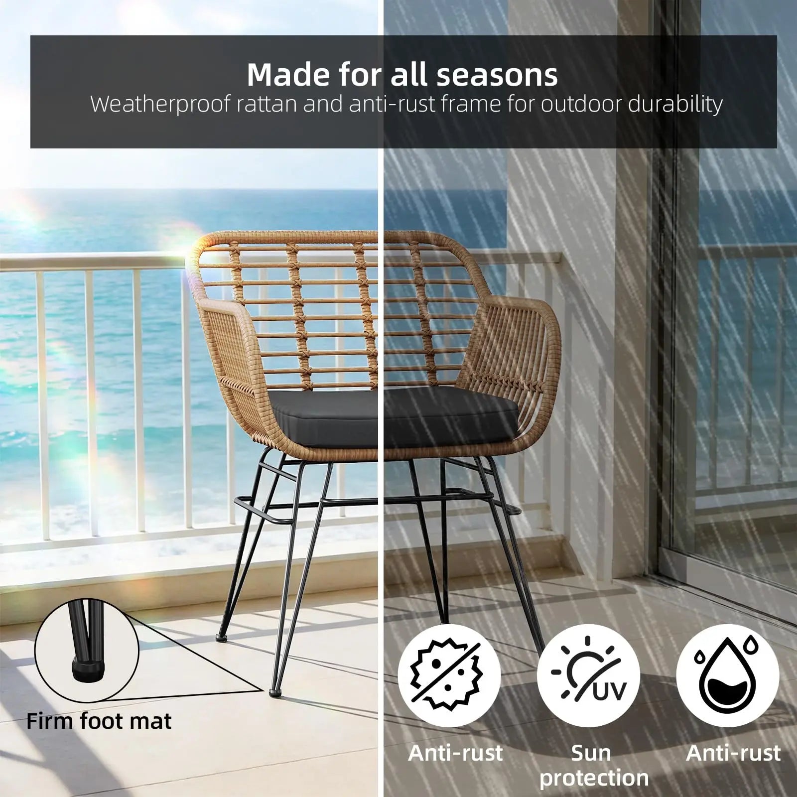 3-Delige Rotan Bistroset met Kussens – 2 Tuinstoelen & Glazen Bijzettafel – Balkonset voor Tuin, Terras & Balkon
