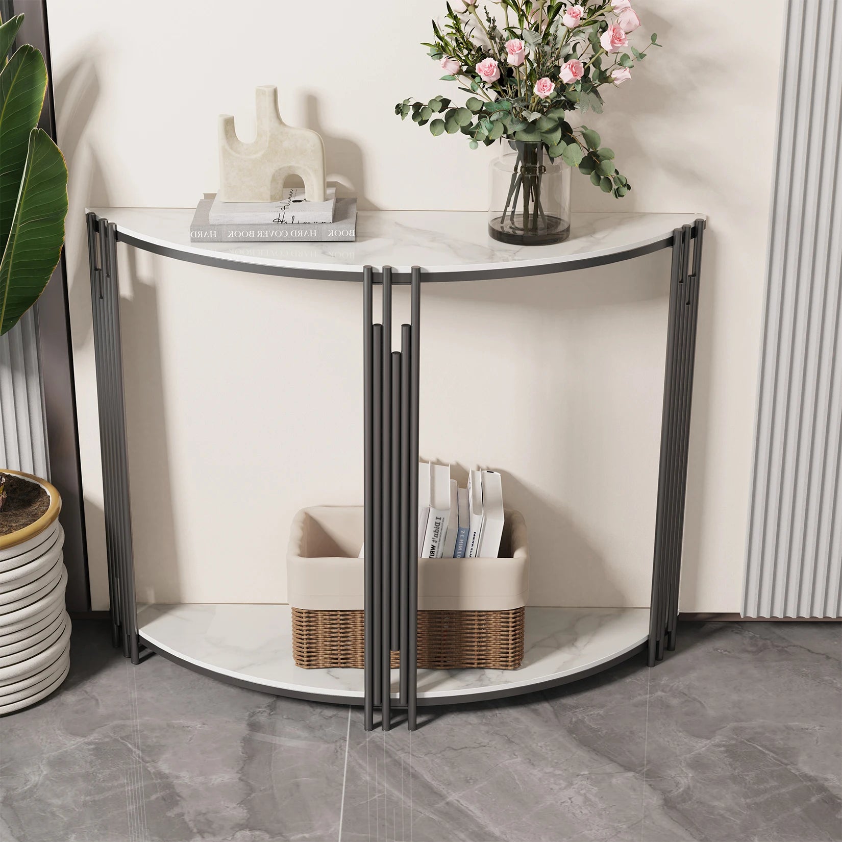 Half Moon Console Tafel van Echt Marmer Look – Moderne Haltafel met 2 Lagen voor Entree & Woonkamer