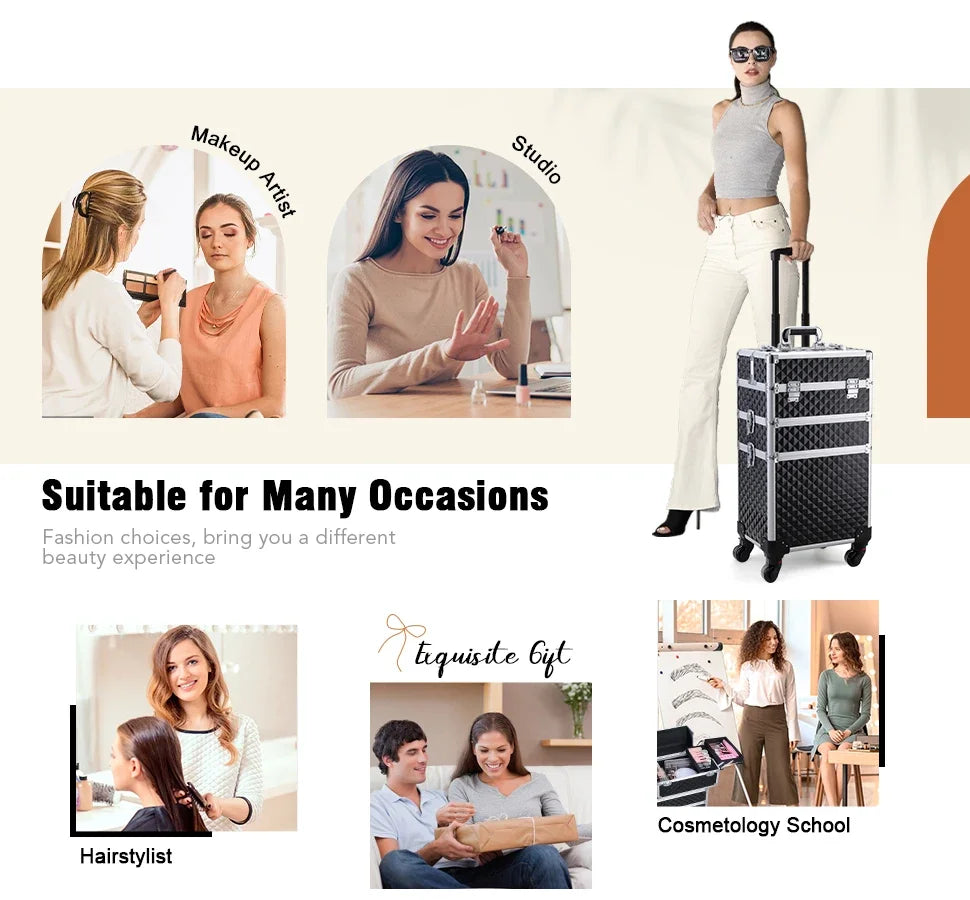 Rollende Make-up Koffer 3-in-1 – Professionele Cosmetica Trolley met Wieltjes, Slot en Afneembare Koffer – Beauty Organizer voor Salon en Reizen
