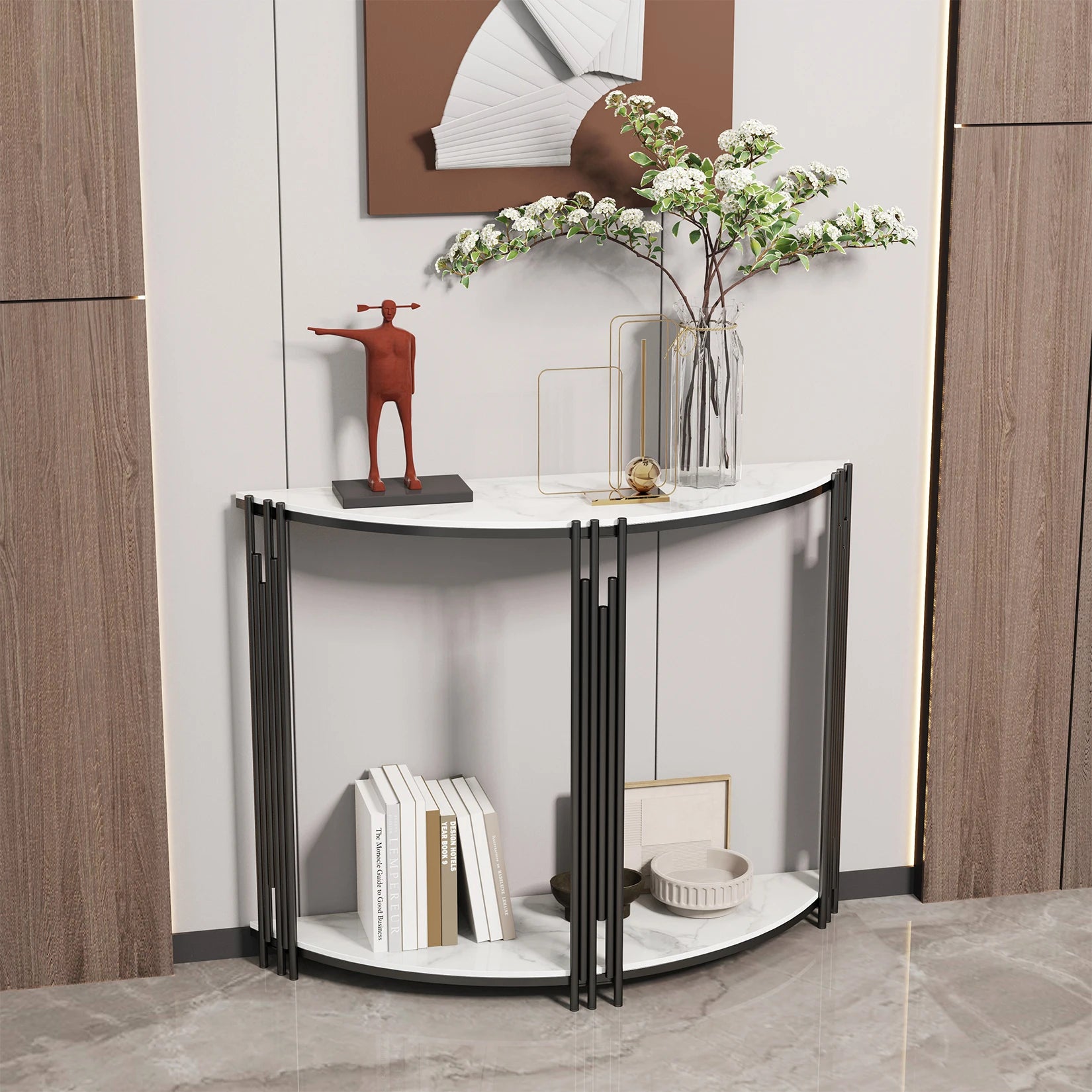 Half Moon Console Tafel van Echt Marmer Look – Moderne Haltafel met 2 Lagen voor Entree & Woonkamer