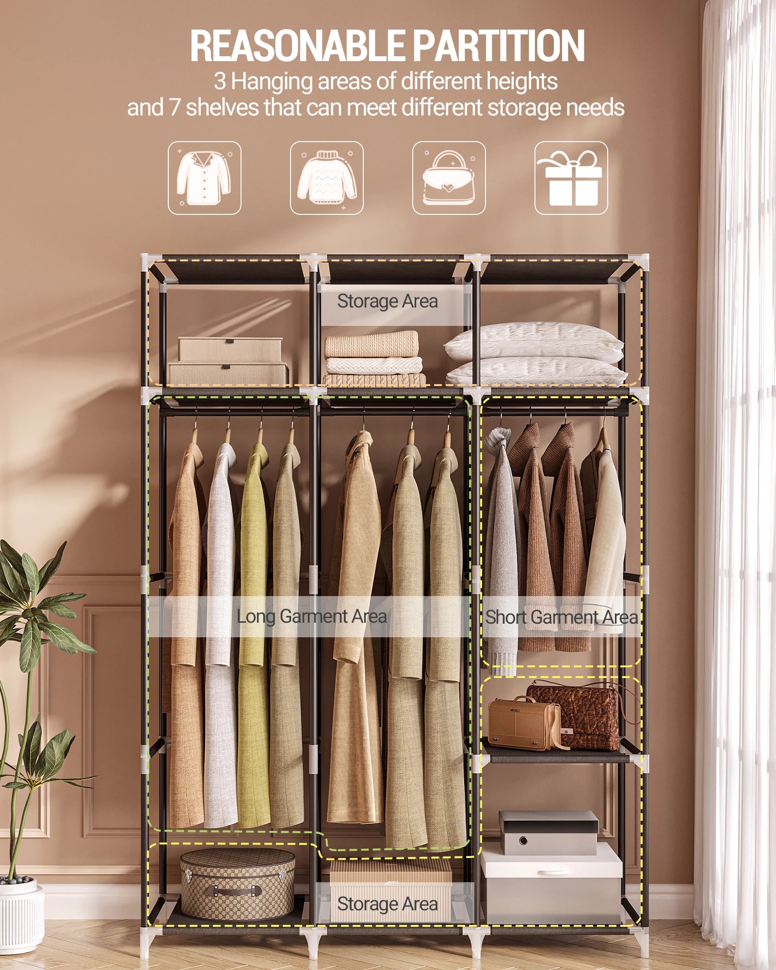 Vrijstaande stoffen kledingkast 130 cm – 3 hangstangen & 9 vakken – garderoberek organizer voor slaapkamer & thuisopslag
