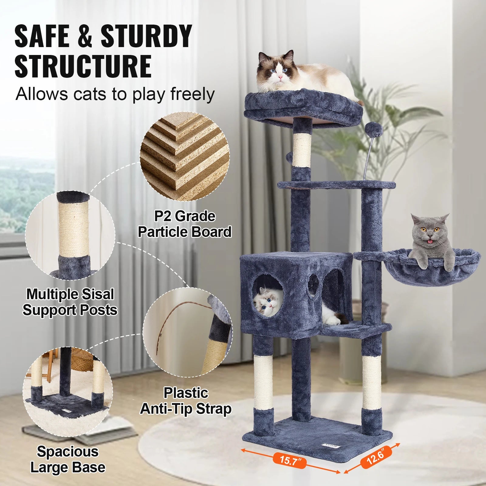 Kattenboom met Krabpaal en Hangmat – 5 Niveaus Donkergrijs met Huis en Speeltjes voor Binnenkatten