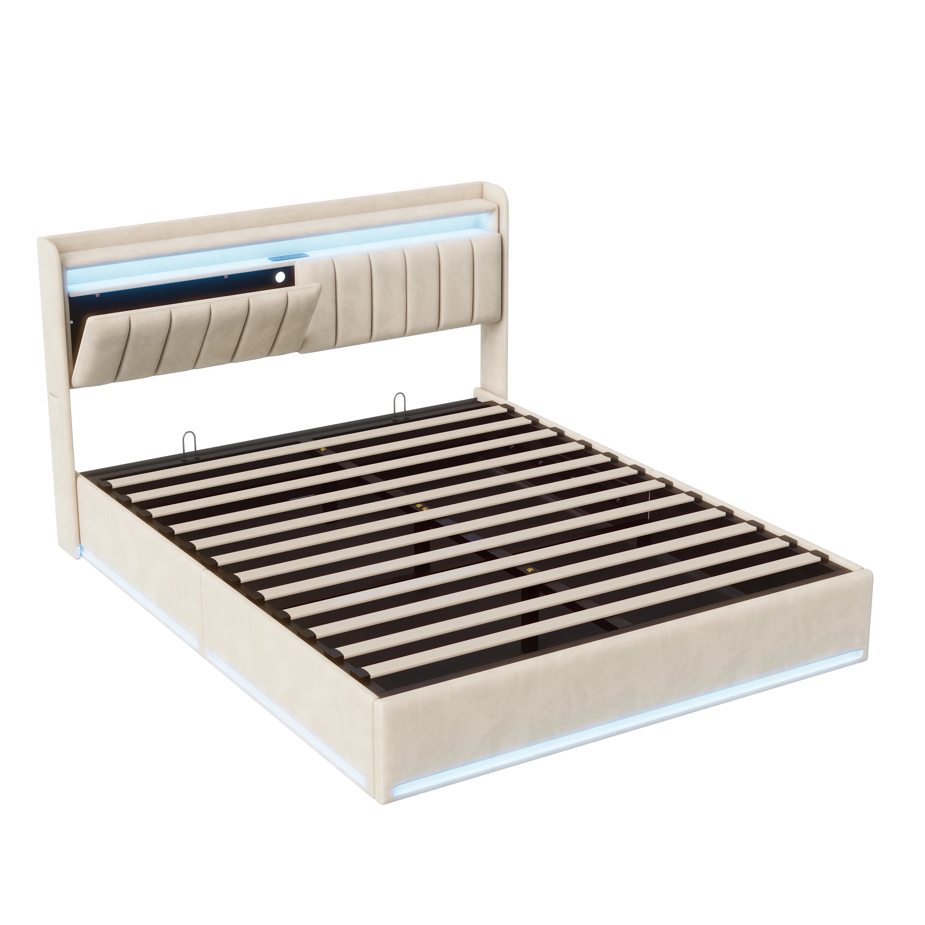 Tweepersoonsbed met geïntegreerde LED‑verlichting, USB‑oplaadfuncties en opbergruimte – Modern en functioneel bedframe