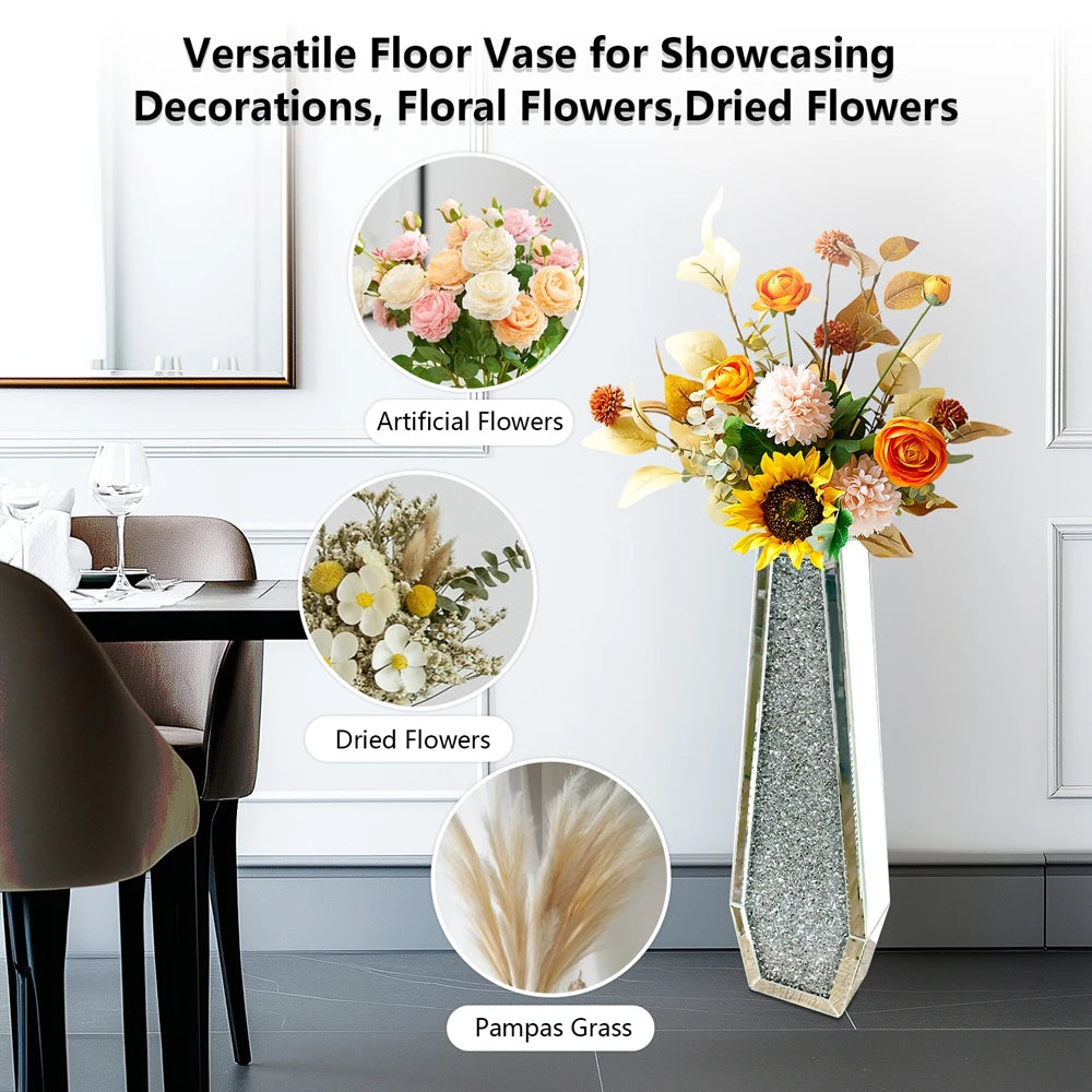Luxe Zilveren Vloervaas met Diamant Design – Grote Glazen Kristal Bloemenvaas – Modern & Hotel Chique Interieur