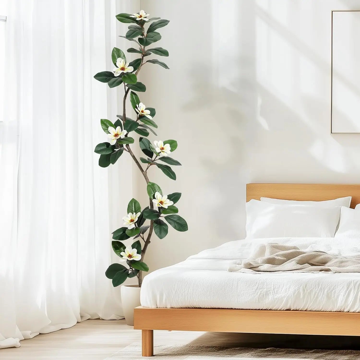 Kunstmatige Rubberboom met Magnoliabloemen – S-vormige Nepplant in Witte Pot voor Binnen, Realistische Kunstplant Groot Formaat