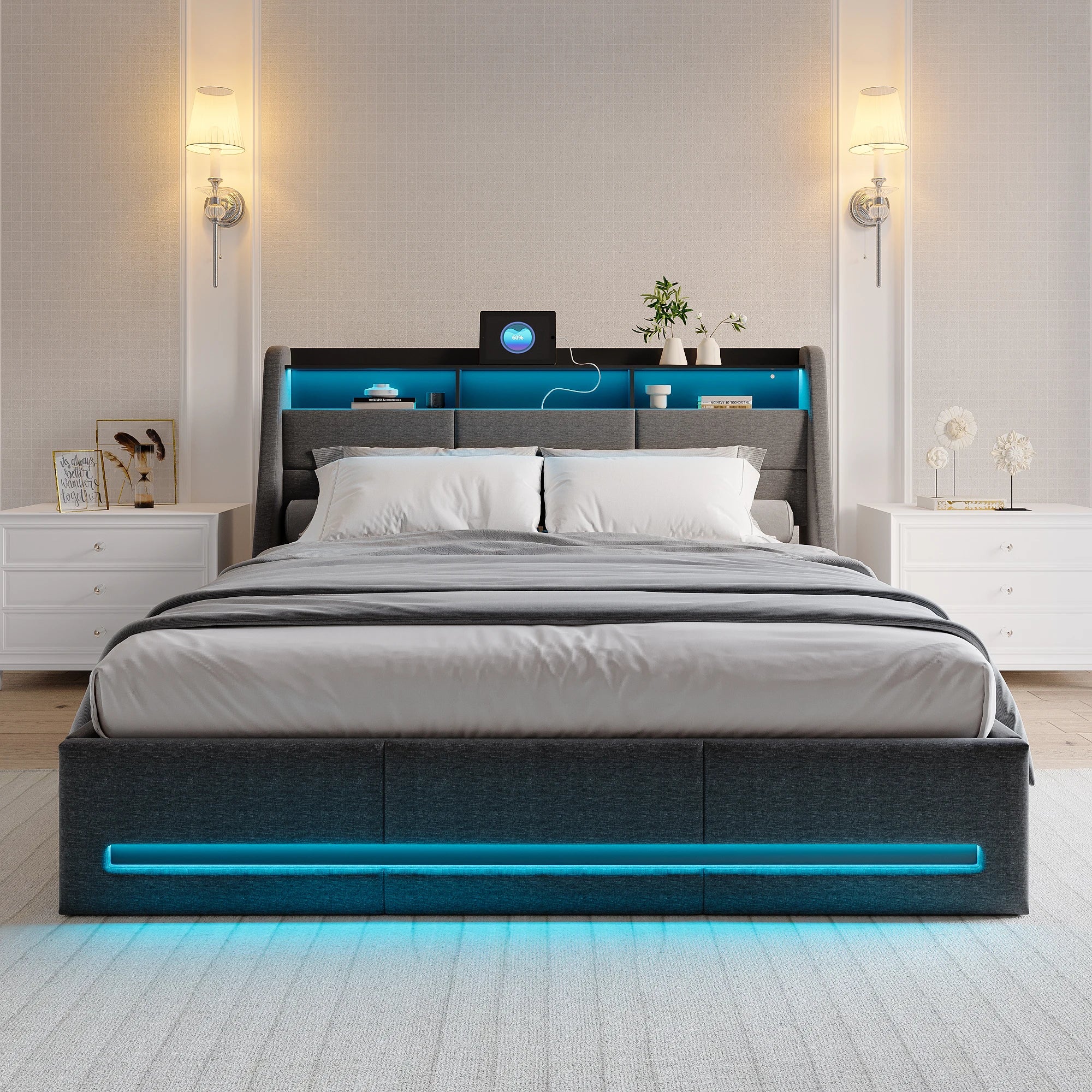Gestoffeerd tweepersoonsbed 140/160x200 cm met LED‑hoofdeinde, USB‑oplaadfunctie en hydraulische opbergruimte