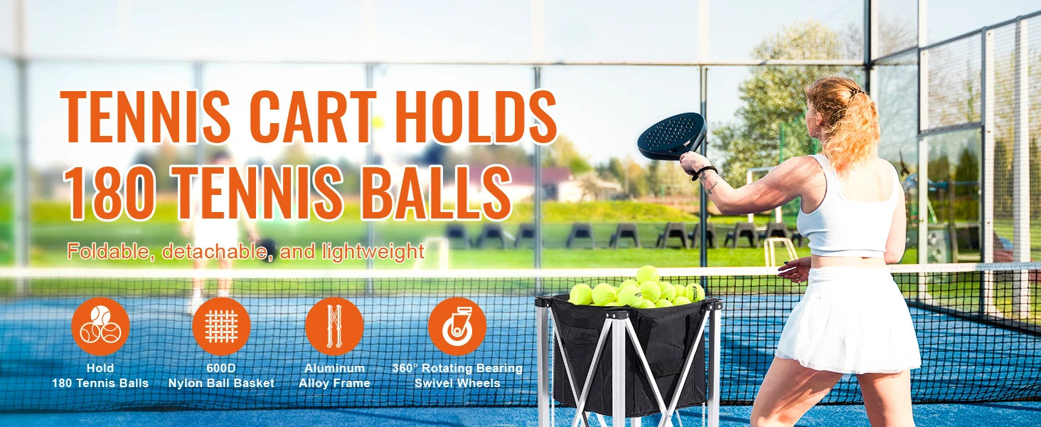 Opvouwbare Tennisballenkar met Wielen – 180 Ballen Capaciteit – Lichtgewicht Aluminium Tennis Ballenwagen voor Training & Coaching