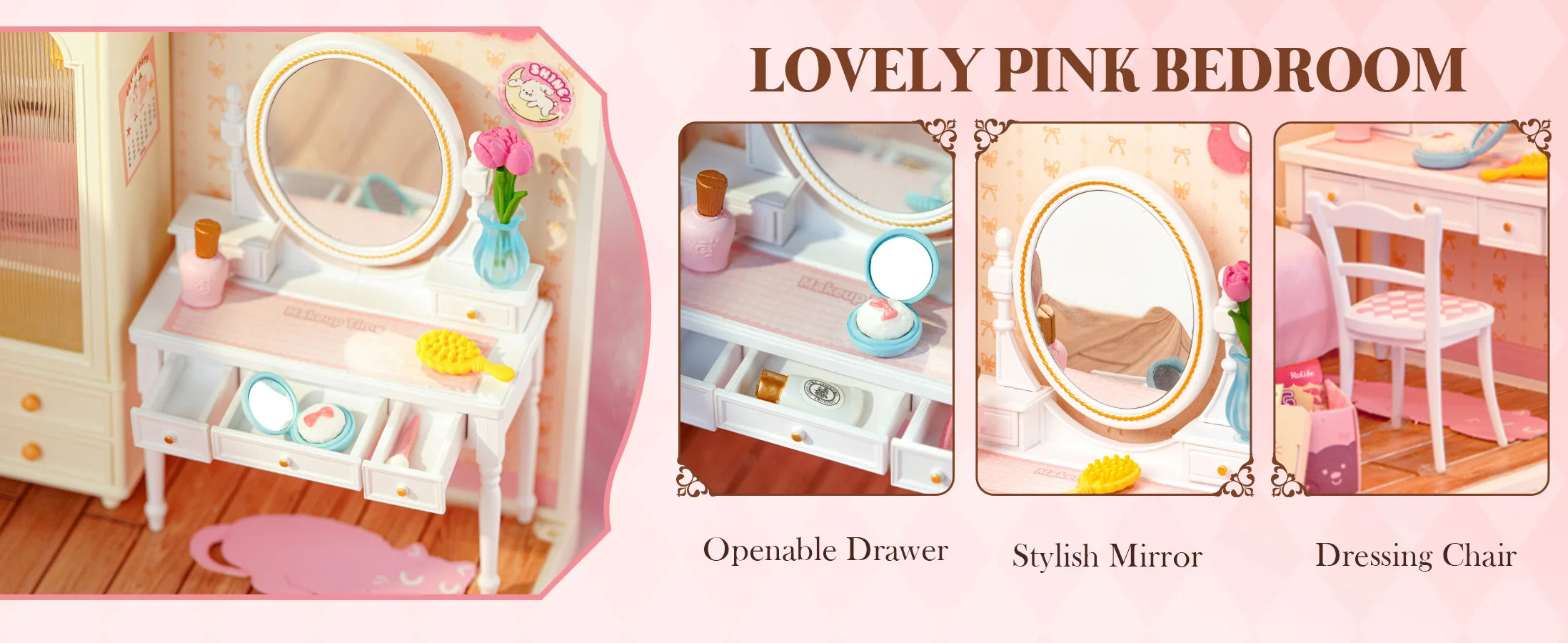 3D Puzzel Miniatuur Roze Slaapkamer – DIY Bouwset voor Creatieve Hobbyisten en Poppenhuisfans