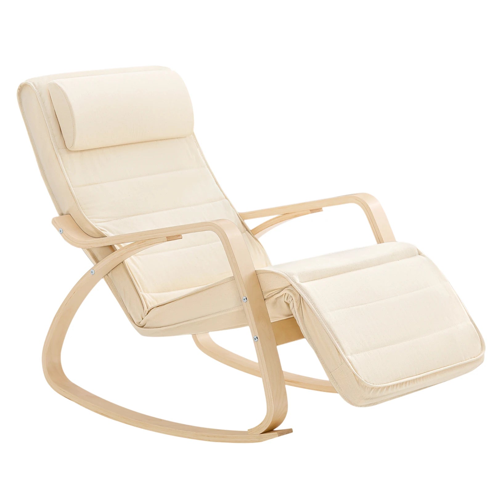 Schommelstoel met Voetensteun Berkenhout – Verstelbare Relaxstoel Beige 150 kg