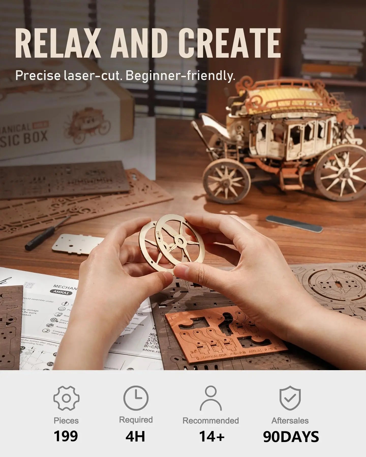 3D Houten Puzzel Muziekdoos – Stagecoach Model voor Volwassenen – Creatieve STEM Hobby Kit