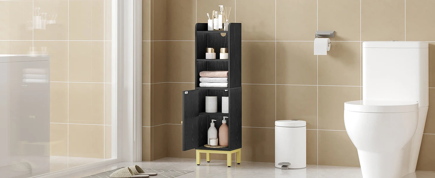 Smalle Badkamerkast met Deur en Verstelbare Planken – Ruimtebesparende Toiletkast – Moderne Badkamer Opbergkast Wit/Zwart