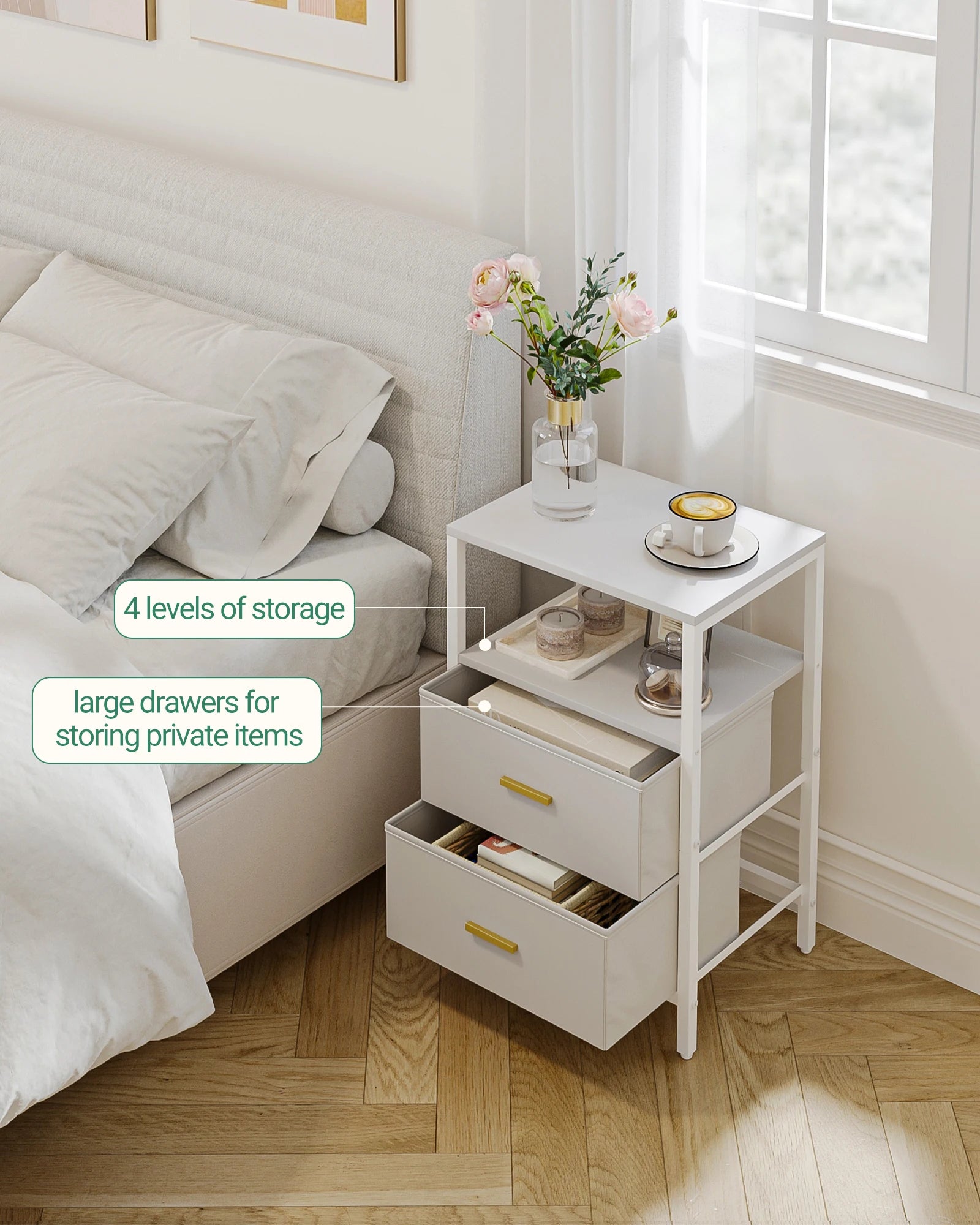 Bedside Table set van 2 – Moderne Nachtkastjes met 2 Laden en Open Vak – Wit