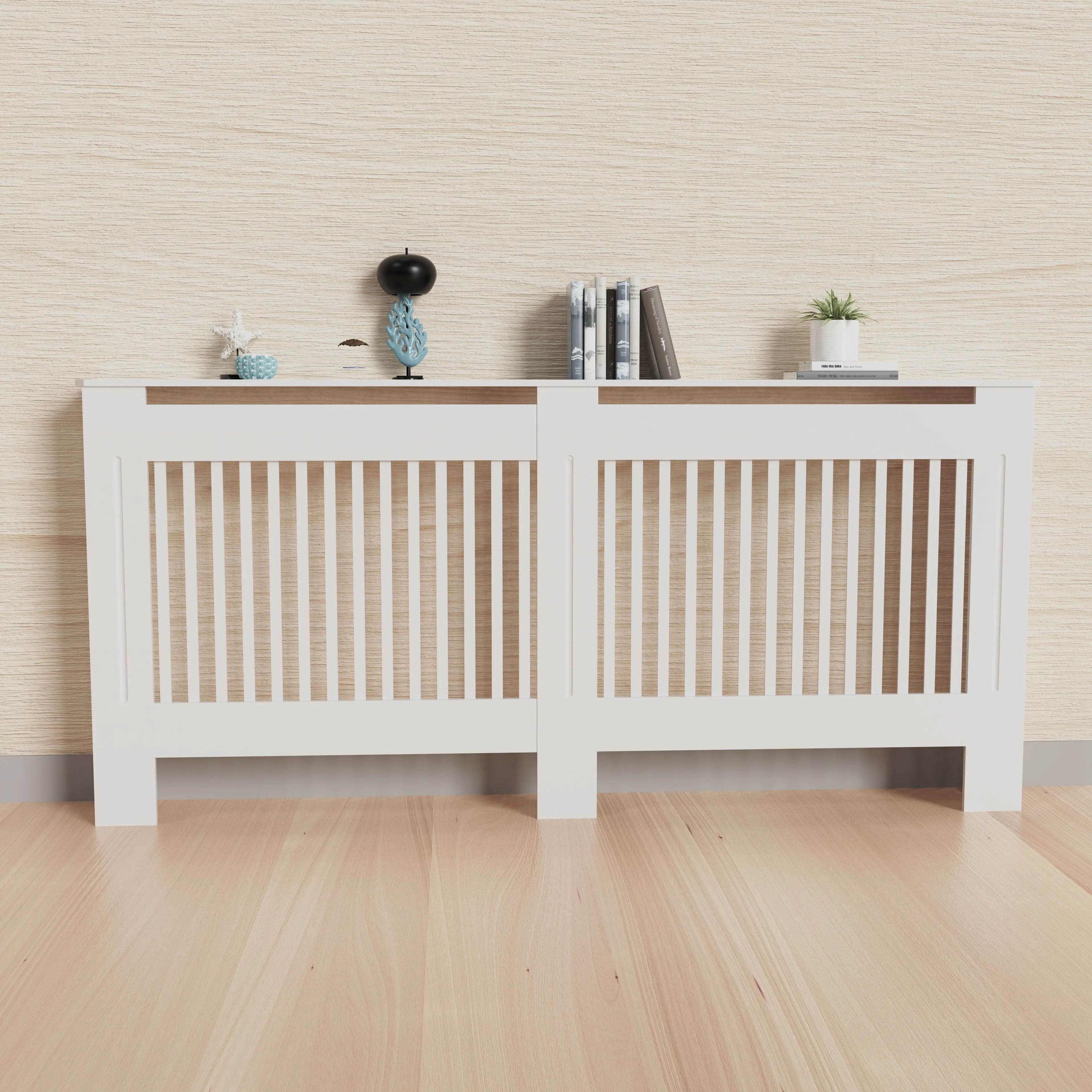 Moderne Radiator Cover Hoog – MDF Radiator Ombouw met Verticale Lamellen | Witte Radiator Kast met Plank