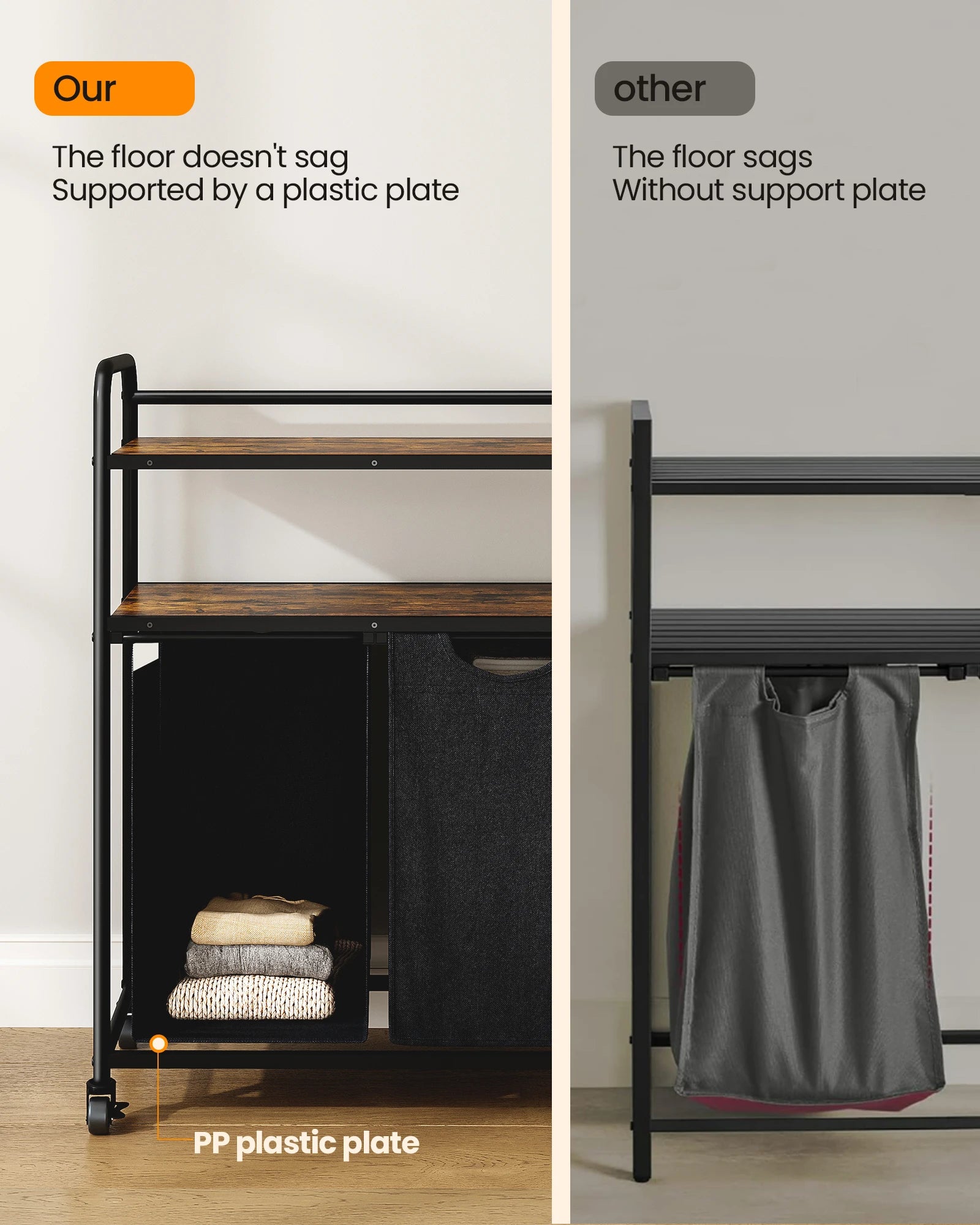 Wasmand met 3 Vakken & Wieltjes – Grote Wasverzamelaar met 2 Planken, Uitschuifbare Liners en Organizer – Voor Badkamer, Slaapkamer & Waskamer