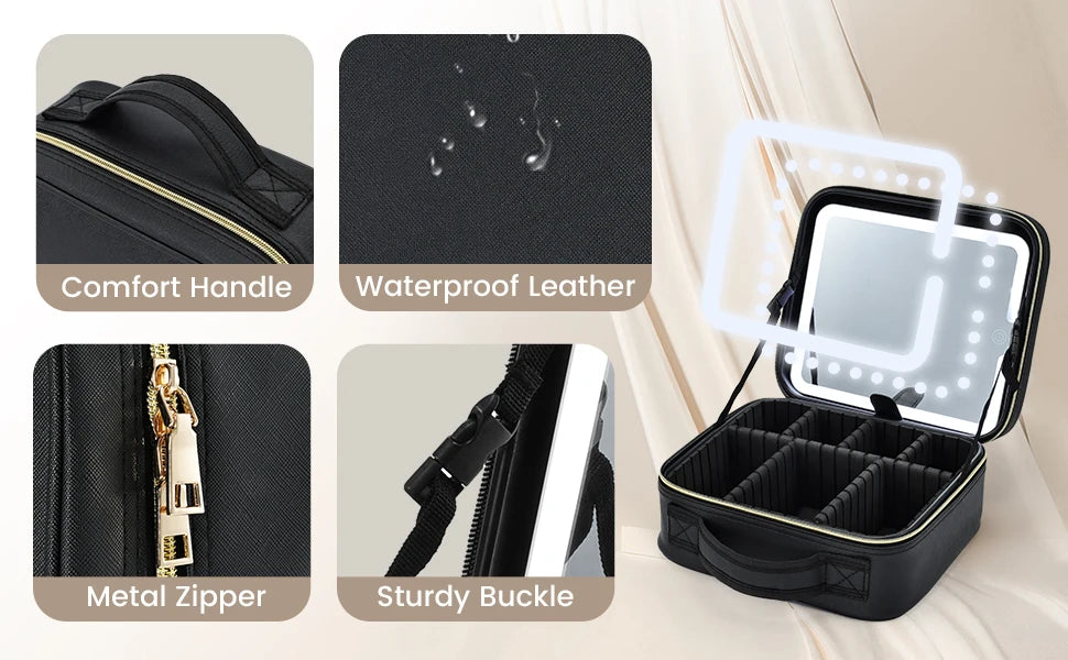 LED Make-uptasje met Spiegel – 3 Lichtstanden – Reismake-uptasje Waterdicht en Compact voor Cosmetica