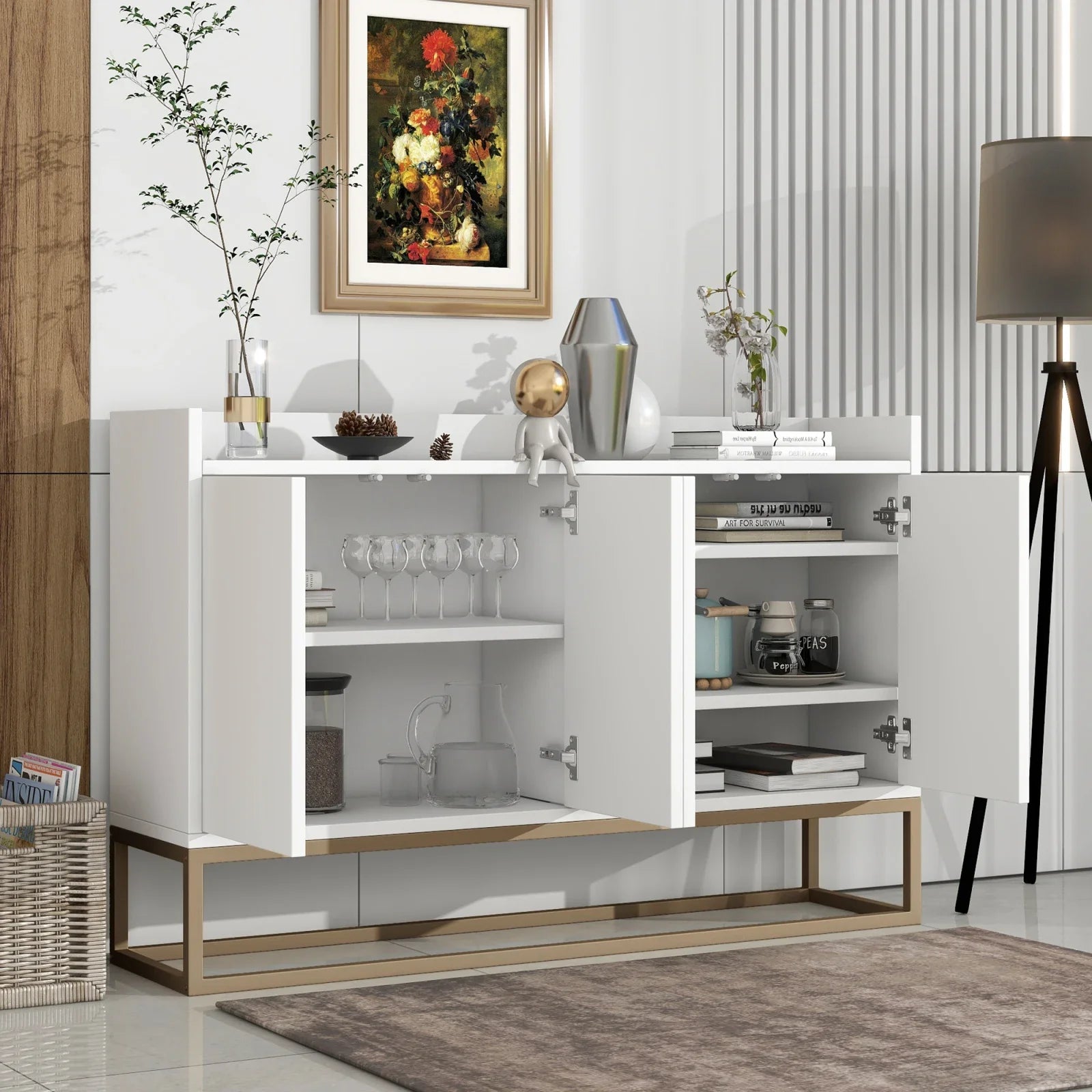 Minimalistische Dressoirkast 4 Deuren met Slot – Opbergkast Metaal & MDF – Moderne Buffetkast voor Woonkamer en Eetkamer