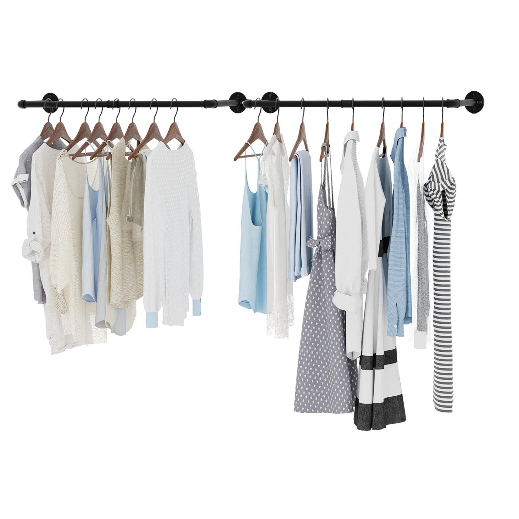 Industriële Wand Kledingrek Set van 2 – Metalen Pijp Kledingstang Zwart – Wandmontage Organizer