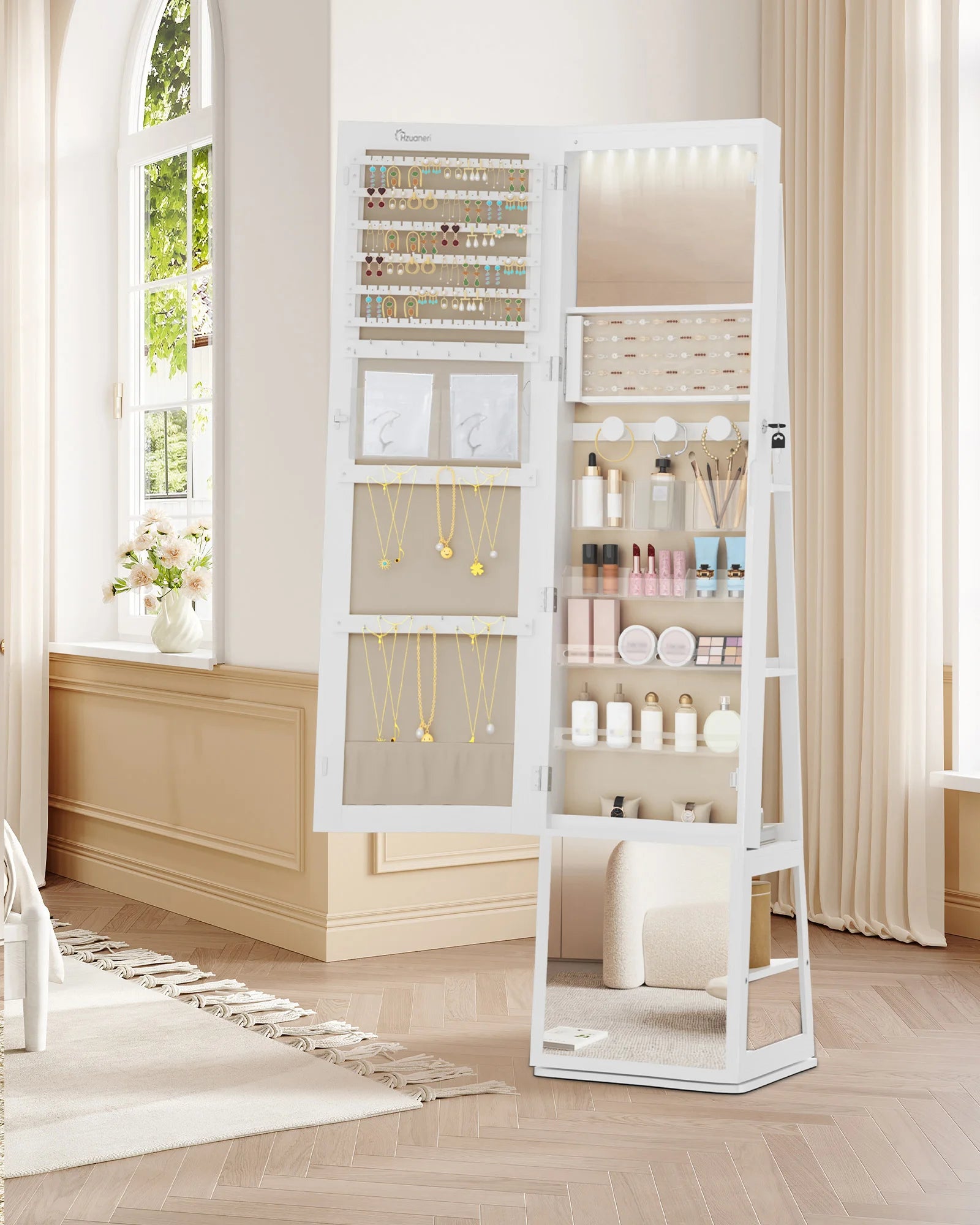 Sieradenkast met Spiegel 360° Draaibaar – Staande Sieraden Organizer met LED Verlichting & Opbergruimte