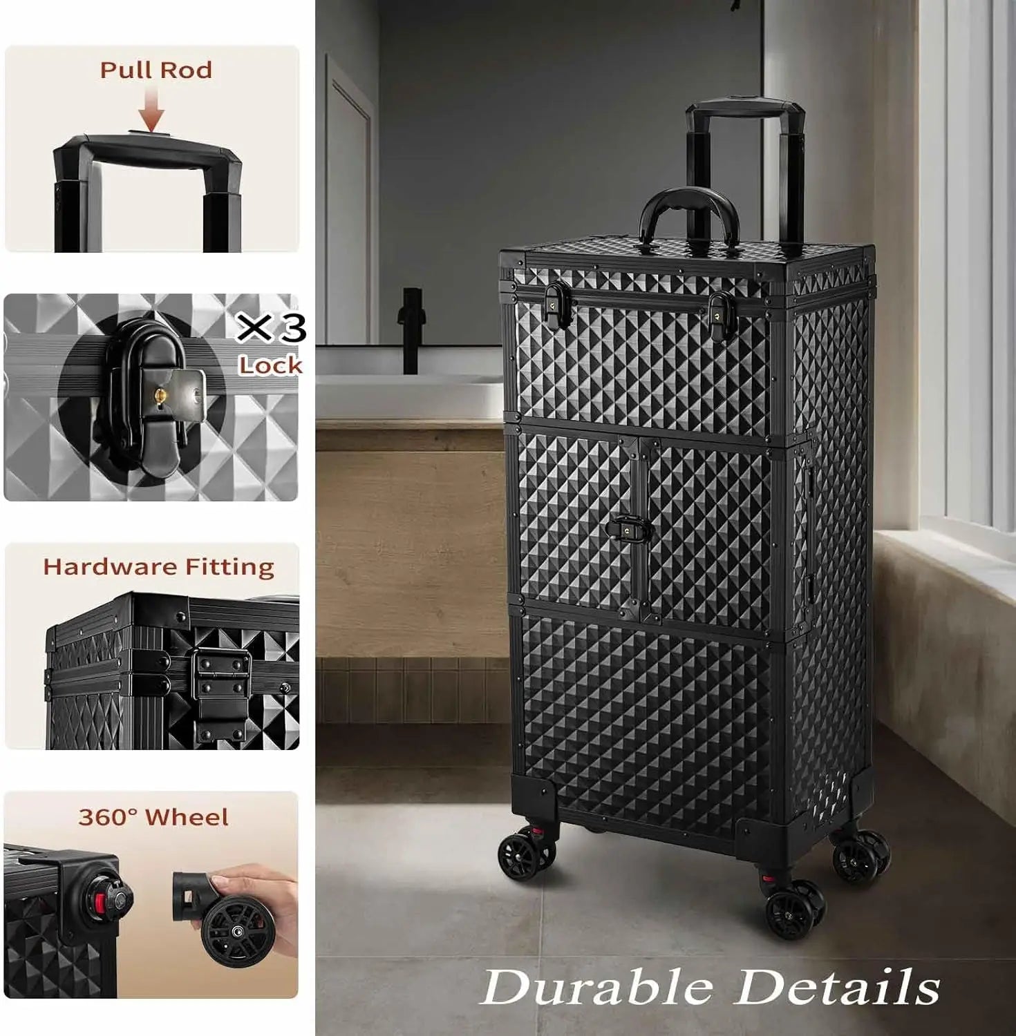 Professionele Make-up Koffer Trolley met Slot en Wielen – Cosmetica Organizer 56-75L – Rollende Beauty Case voor Kapper en Visagist