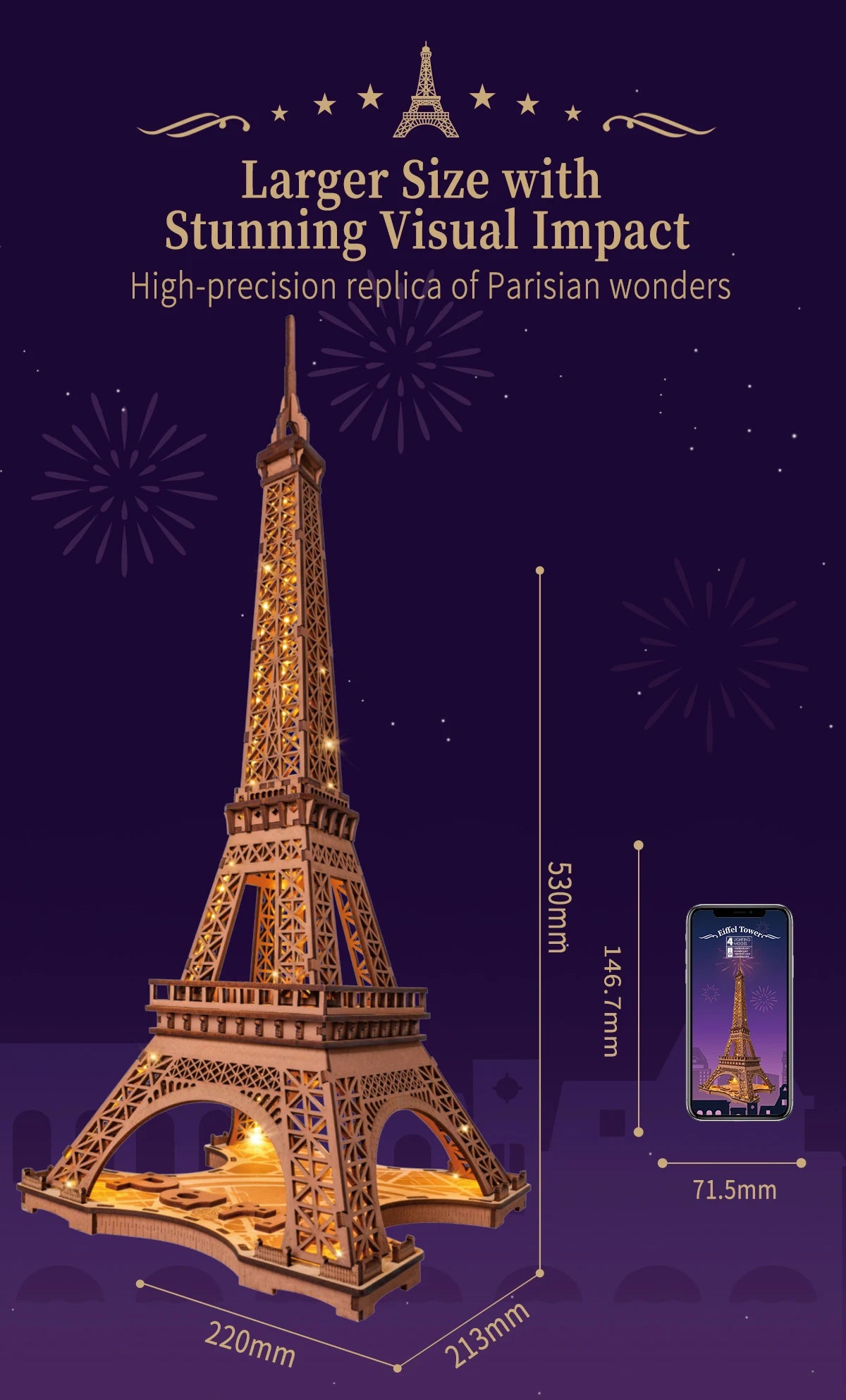 3D Houten Puzzel Eiffeltoren met LED Verlichting – Miniatuur Bouwpakket voor Volwassenen en Tieners – Decoratieve Modelbouw Set