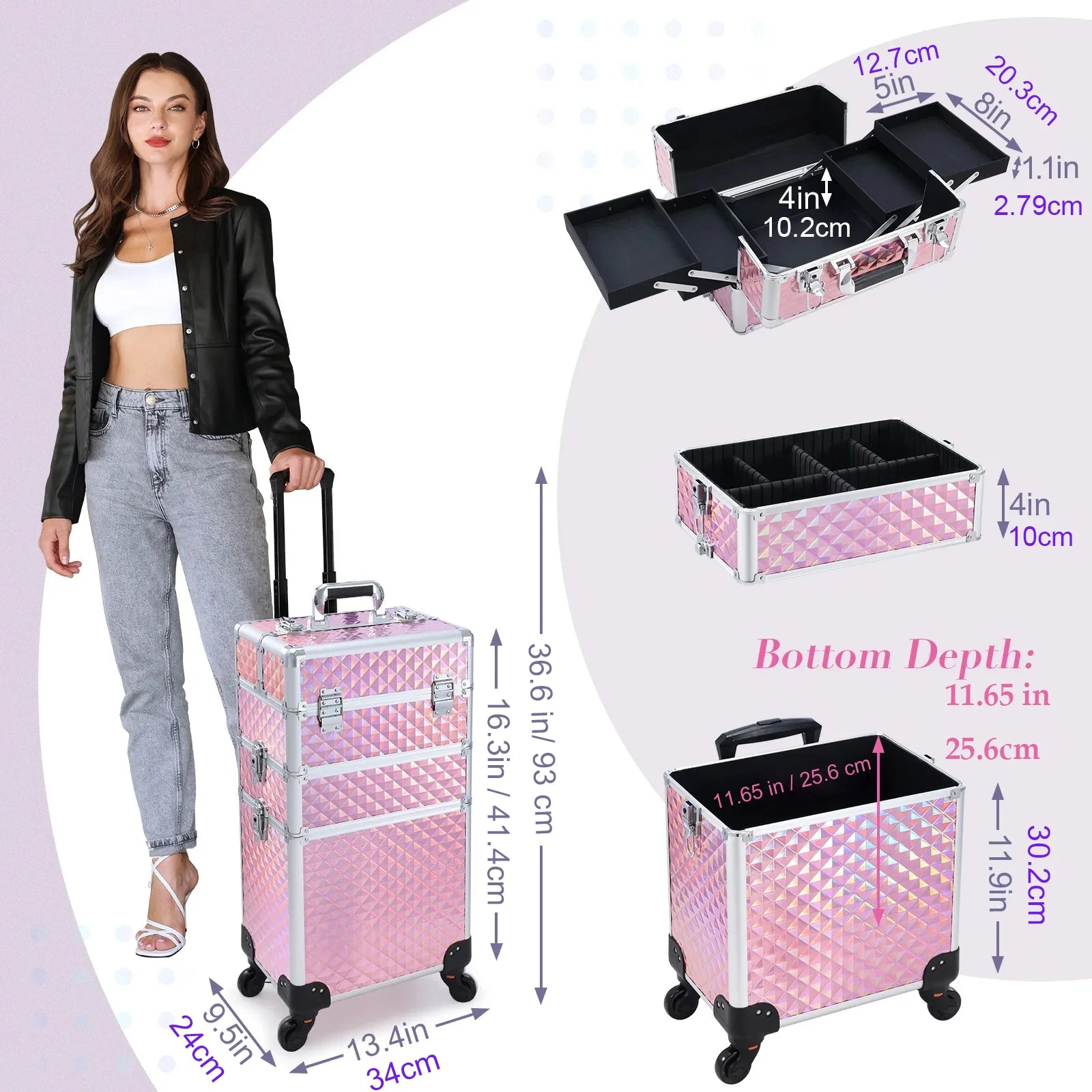 Rollende Make-up Koffer 3-in-1 – Professionele Cosmetica Trolley met Wieltjes, Slot en Afneembare Koffer – Beauty Organizer voor Salon en Reizen