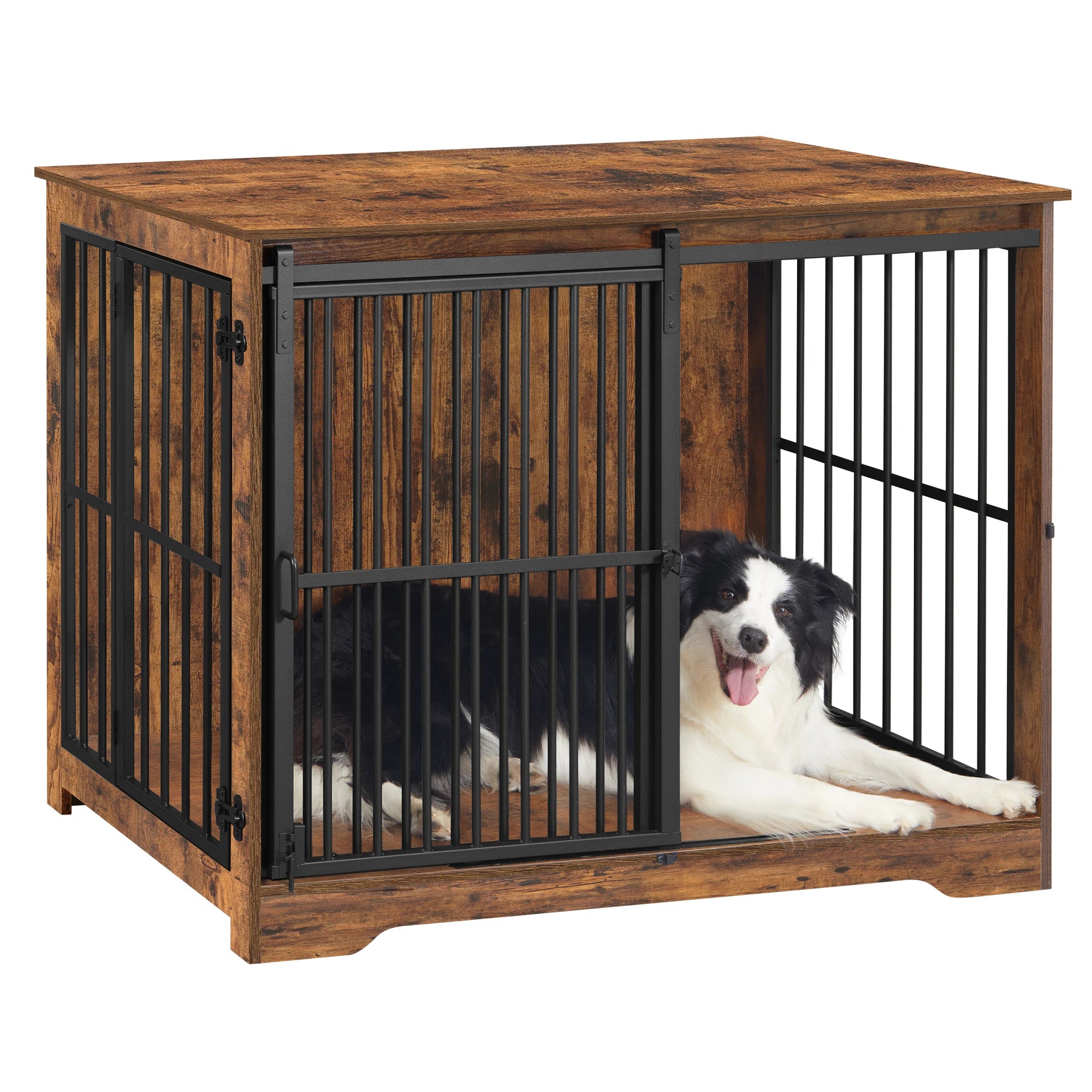 Houten Hondenbench Meubel XL met Schuifdeur – Design Hondenkooi voor Grote Honden – Industrieel Bijzettafel & Bench in Één