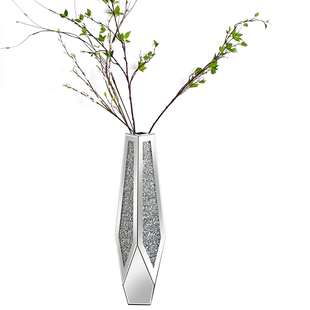 Grote Crushed Diamond Vloervaas – Luxe Spiegel Vaas met Kristal Effect – Moderne Zilveren Bloemenvaas 85 cm