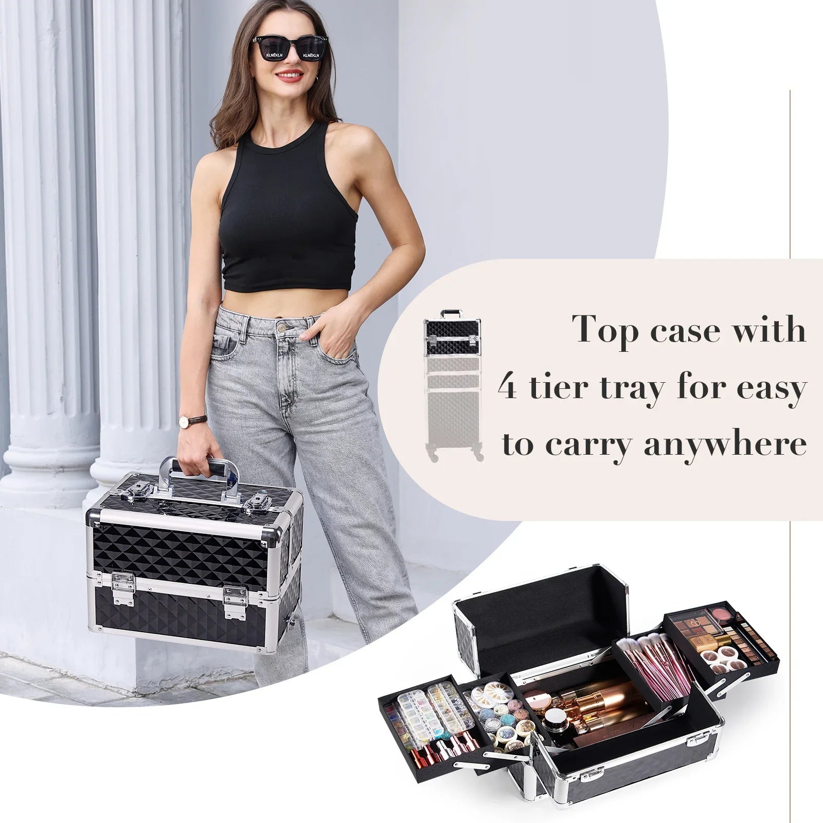 Professionele Make-up Trolley Koffer 4-in-1 – Aluminium Opbergkoffer met Wieltjes en Afneembare Compartimenten – Voor Cosmetica, Nageltools en Reis