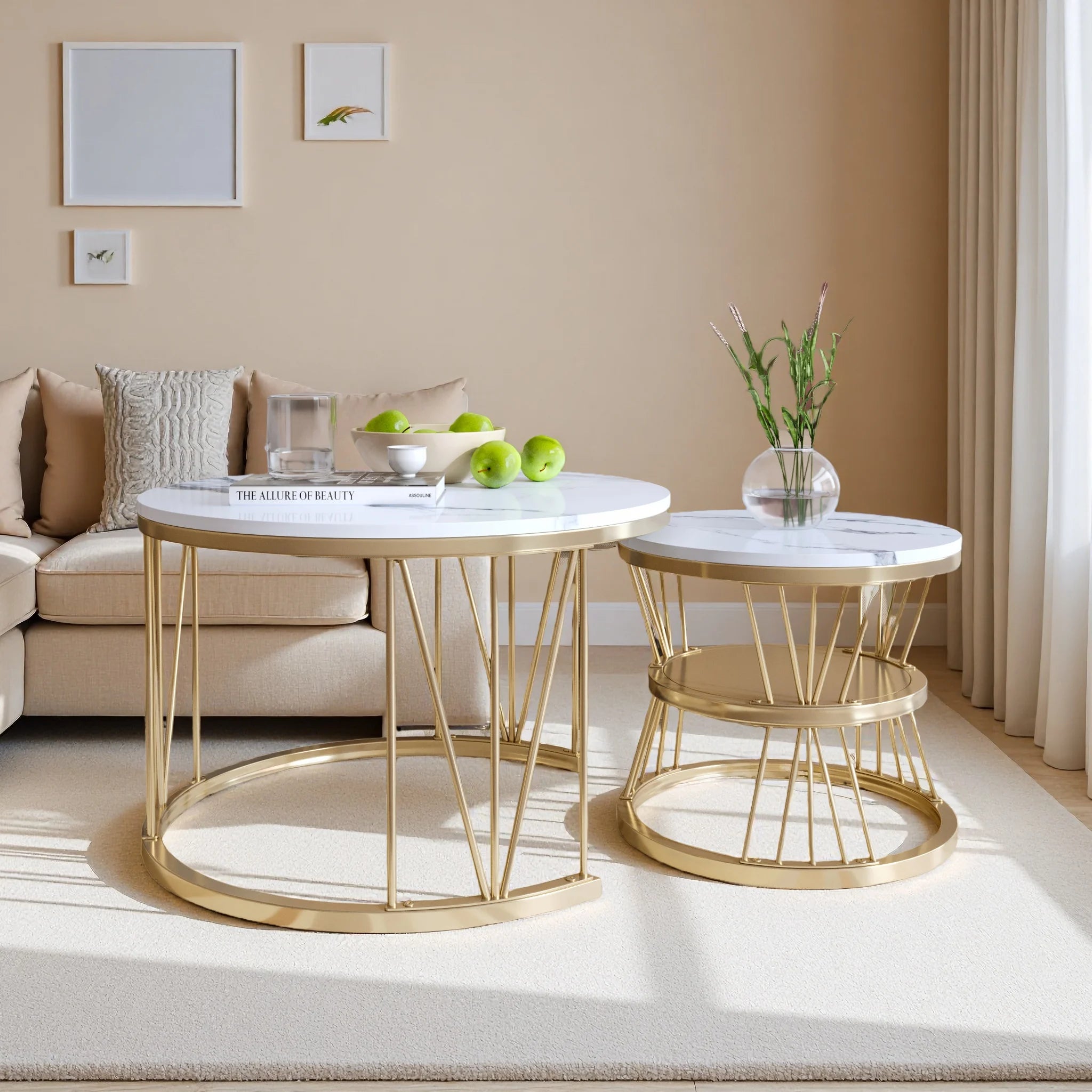Set van 2 Ronde Marmeren Koffietafels – Goud/Wit – Luxe Salontafel Set