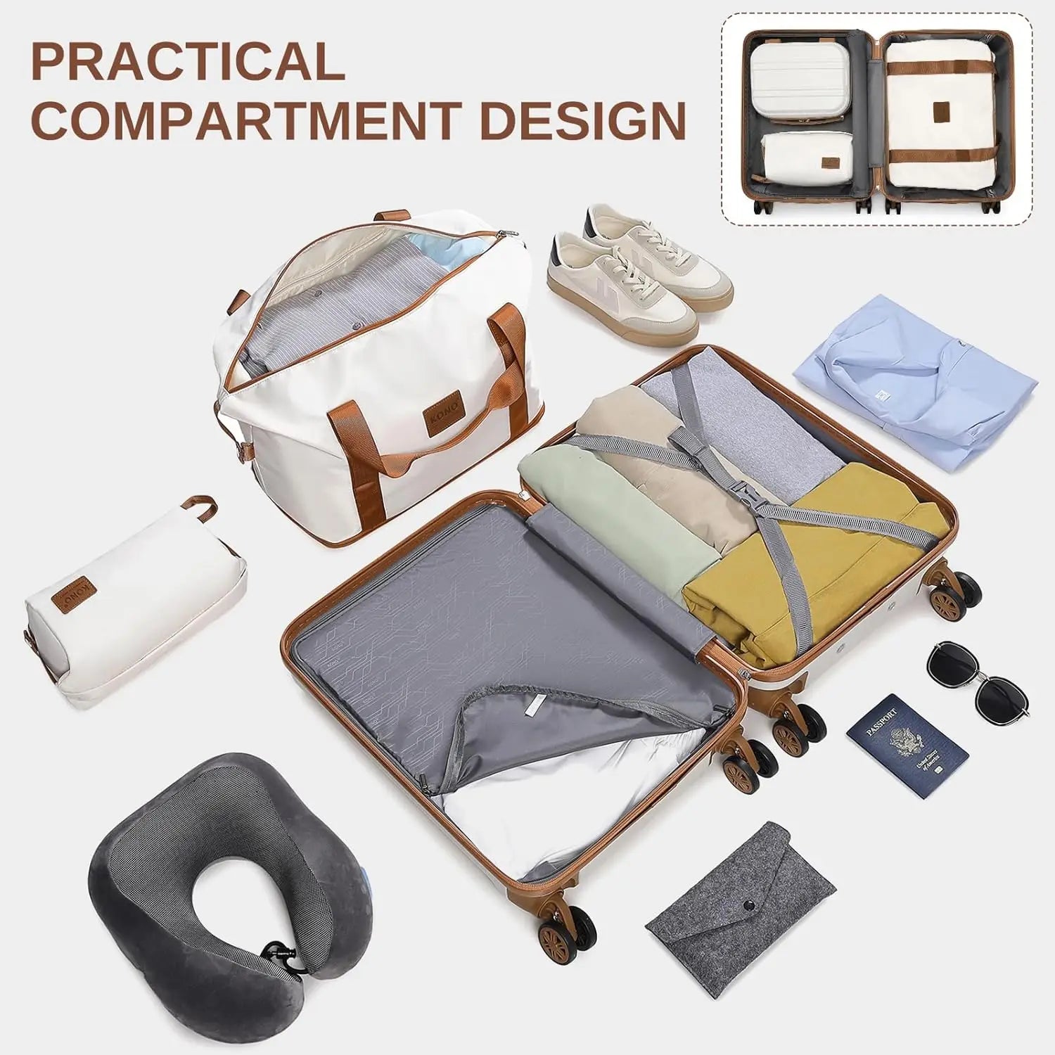 4-delige Kofferset – 55cm Handbagage, Beautycase, Reistas & Toilettas – ABS Hardcase – TSA-Slot – 360° Wielen